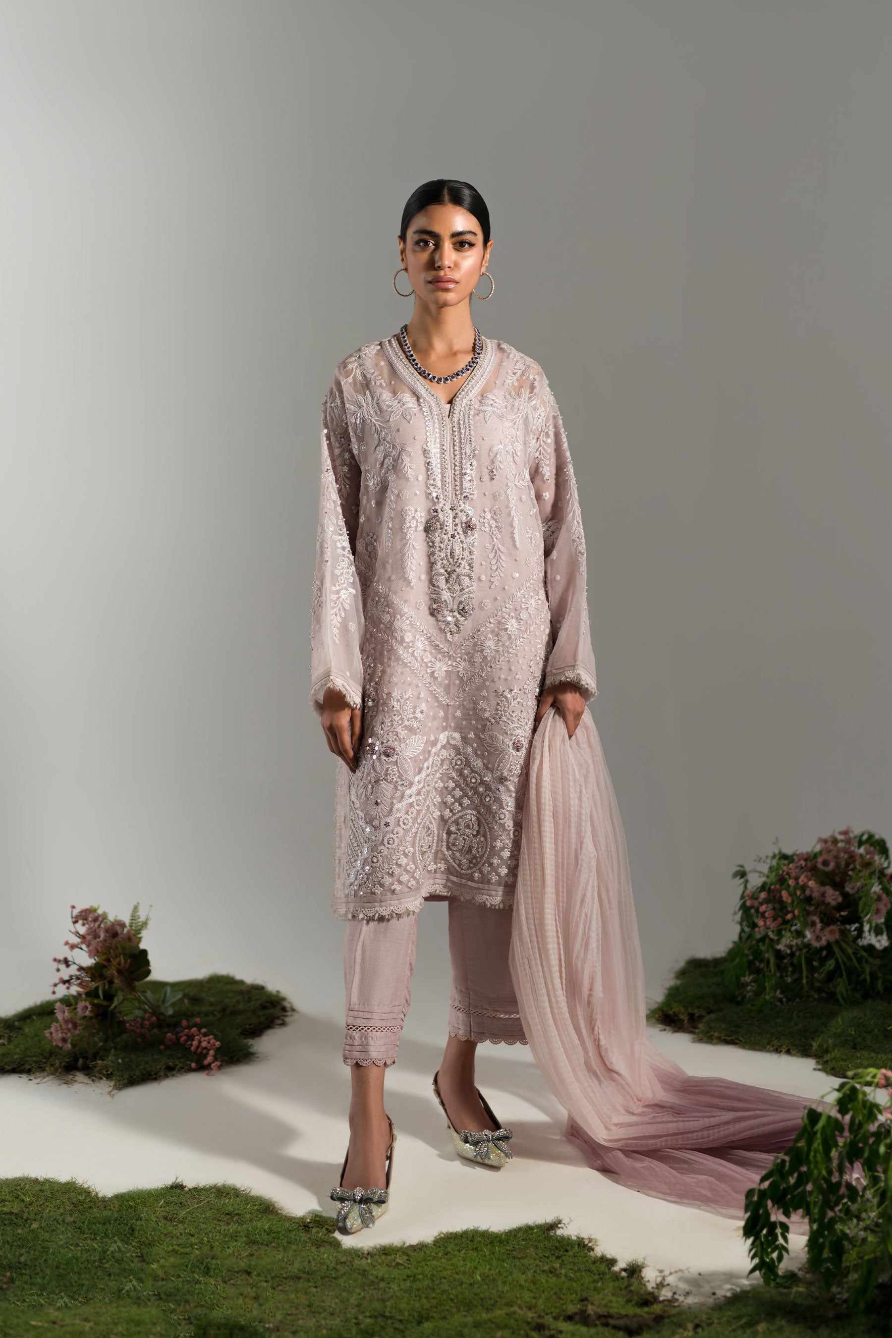 Pakistani Lilac Embroidered Organza & Raw Silk Salwar Kameez (4-Piece) - Image 1