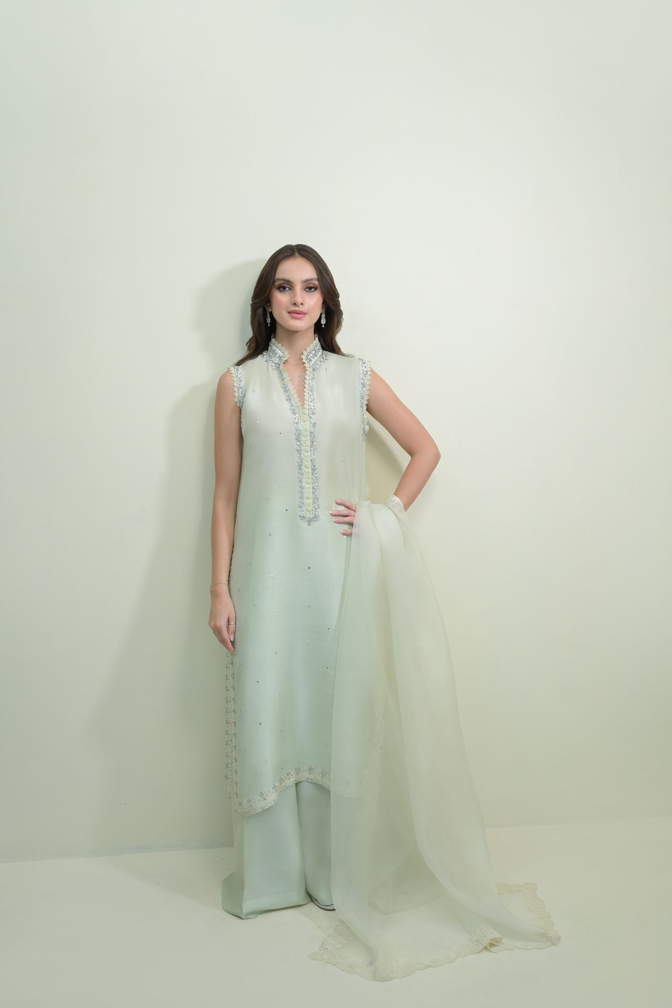 Pakistani Aqua Lavender Embroidered Raw Silk Salwar Kameez (3-Piece) - Image 1