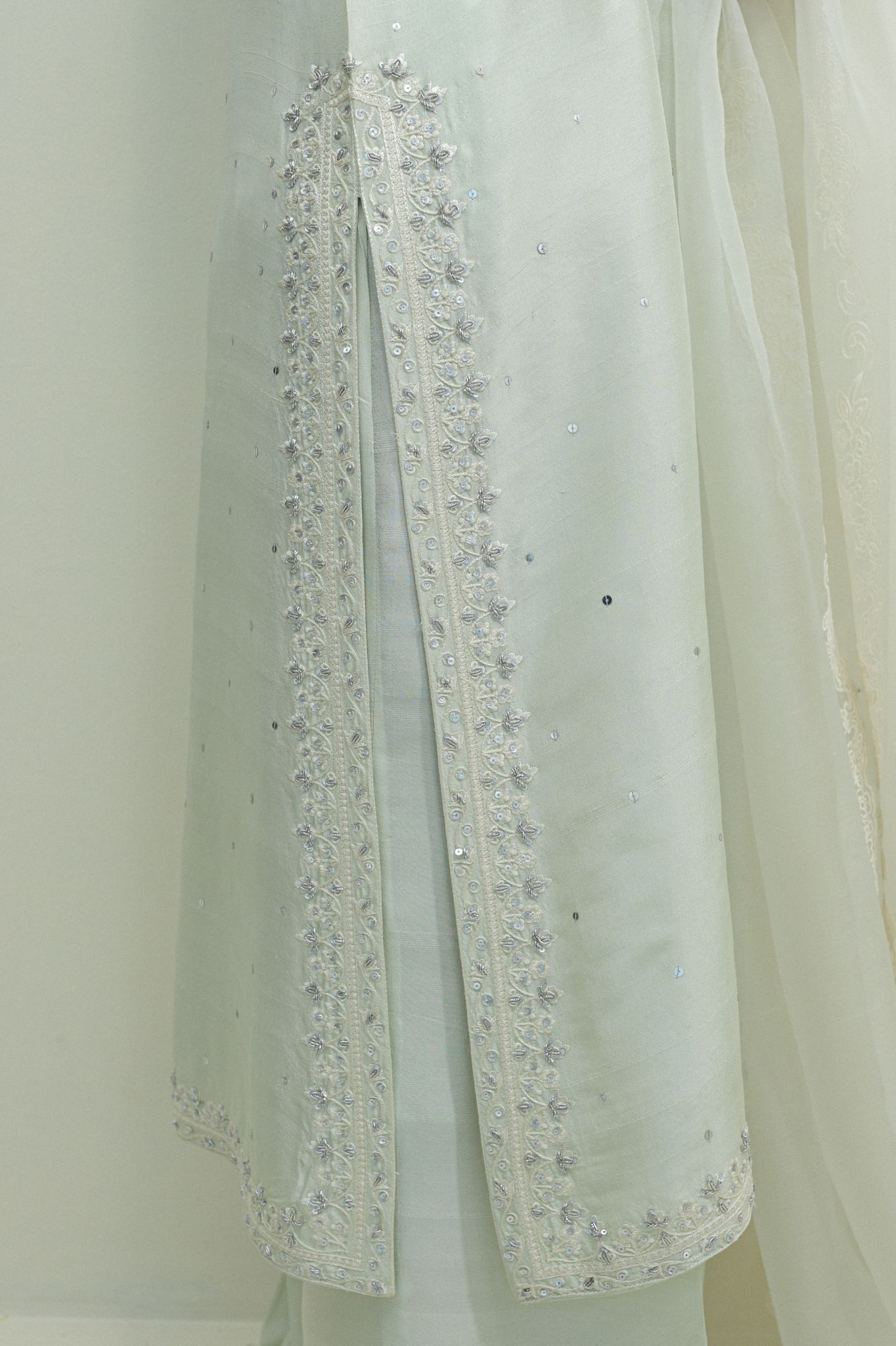 Pakistani Aqua Lavender Embroidered Raw Silk Salwar Kameez (3-Piece) - Image 3