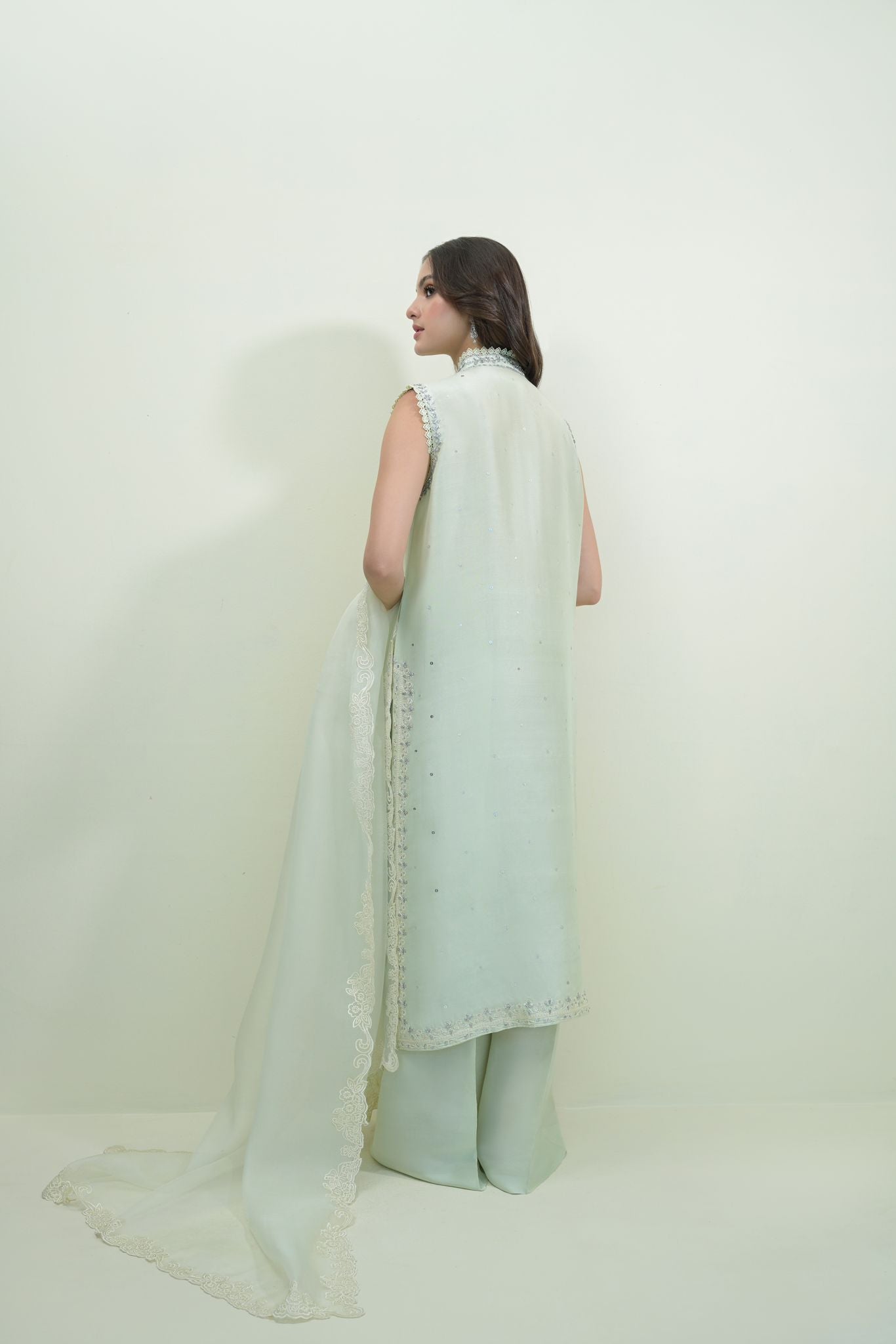 Pakistani Aqua Lavender Embroidered Raw Silk Salwar Kameez (3-Piece) - Image 4