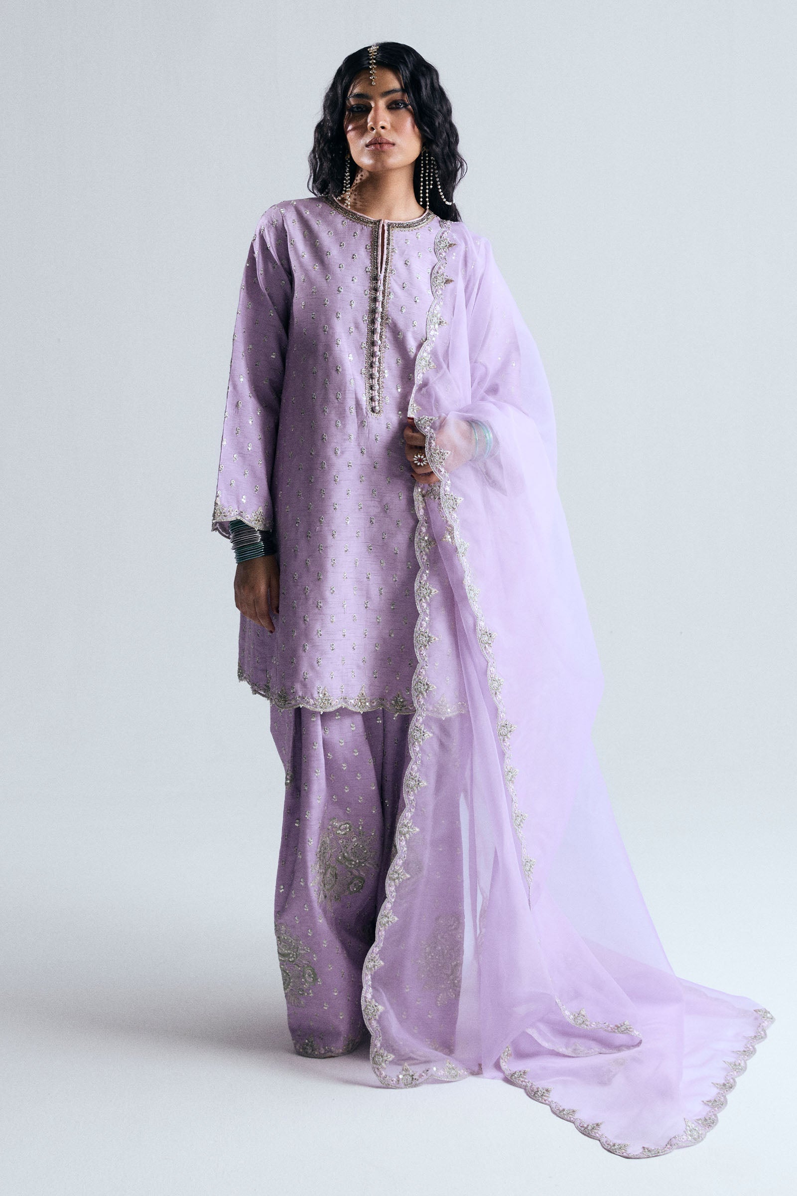 Pakistani Soft Lavender Adda Work Korean Raw Silk Salwar Kameez (3-Piece) - Image 1