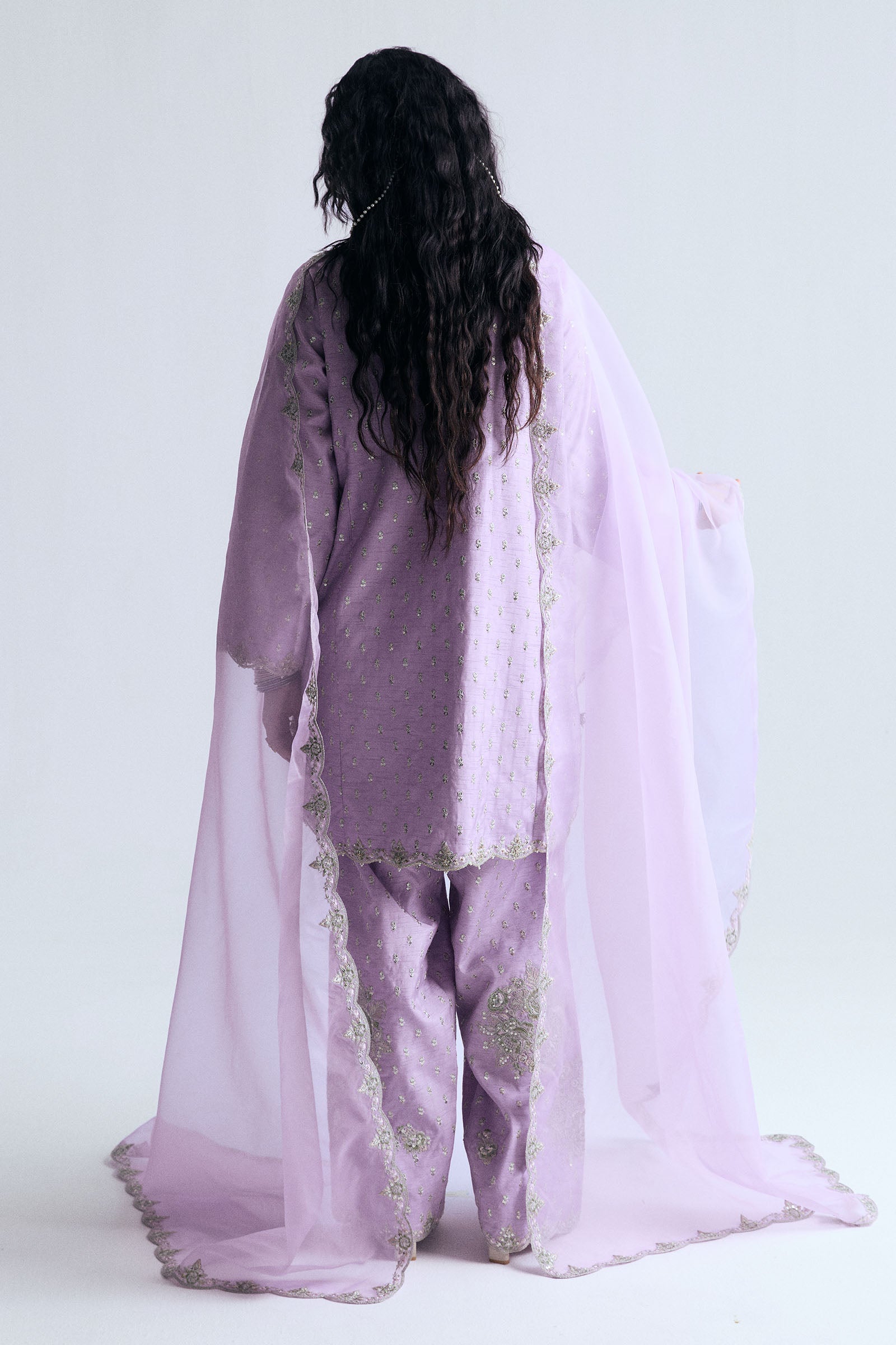 Pakistani Soft Lavender Adda Work Korean Raw Silk Salwar Kameez (3-Piece) - Image 2