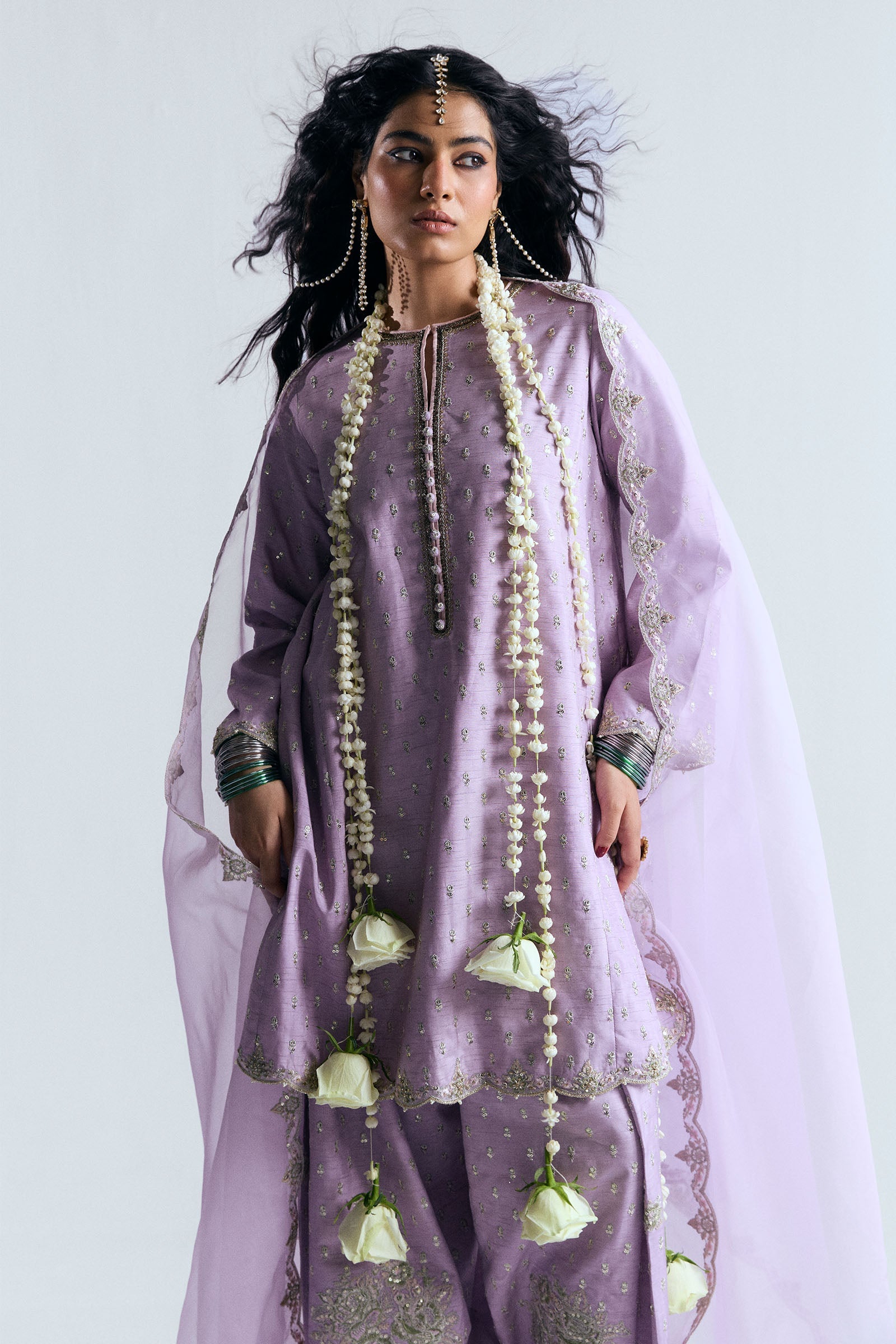 Pakistani Soft Lavender Adda Work Korean Raw Silk Salwar Kameez (3-Piece) - Image 3