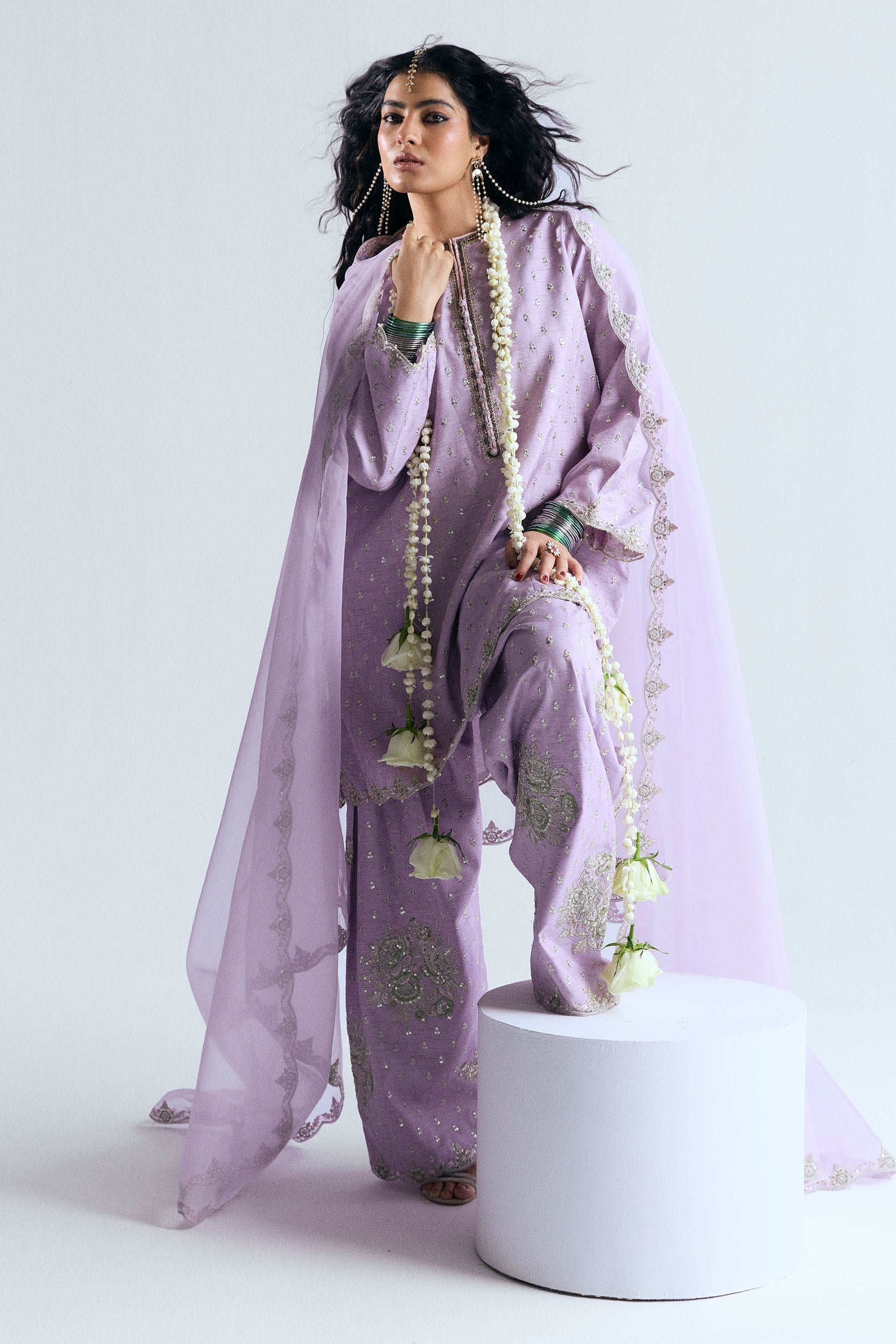 Pakistani Soft Lavender Adda Work Korean Raw Silk Salwar Kameez (3-Piece) - Image 4
