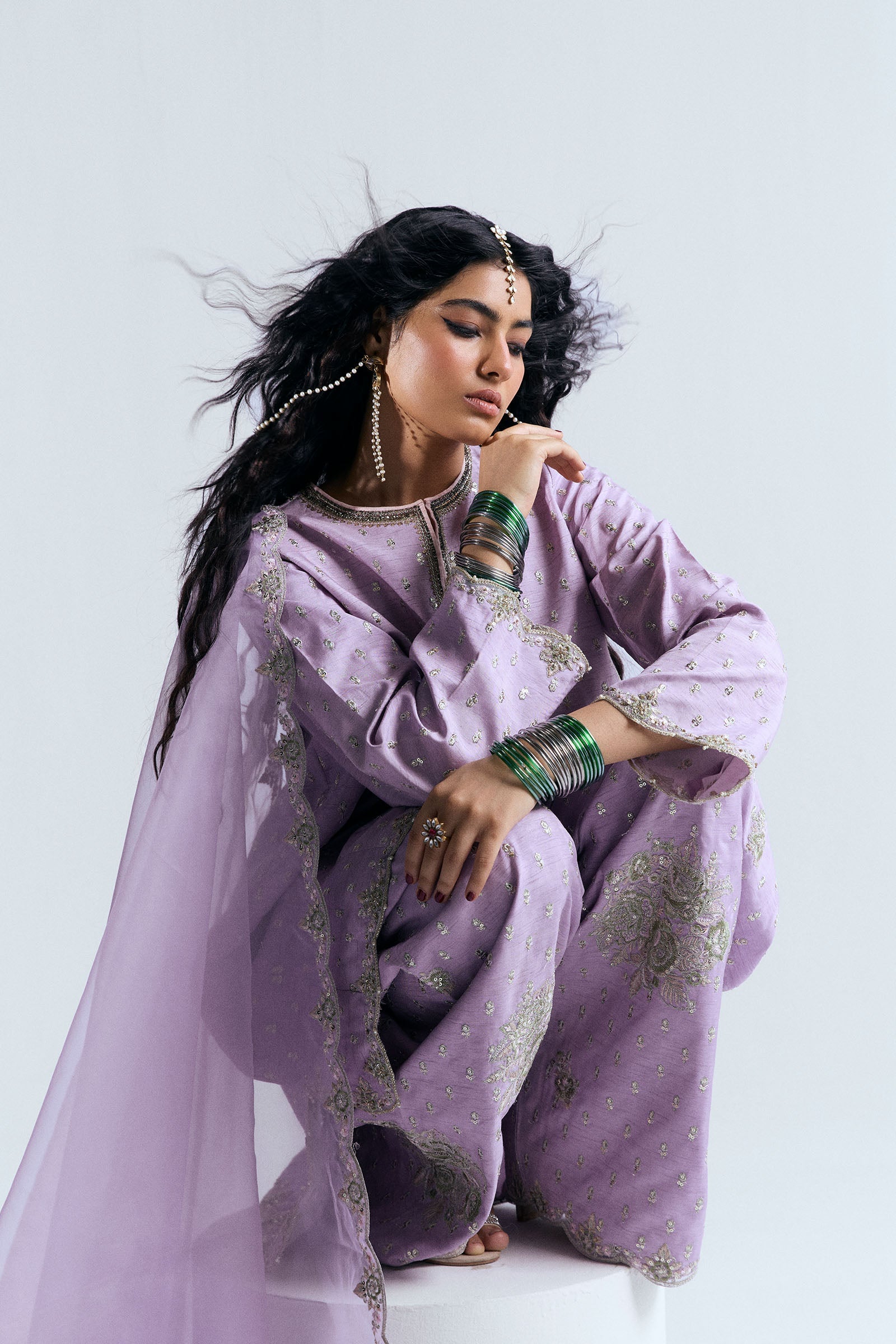 Pakistani Soft Lavender Adda Work Korean Raw Silk Salwar Kameez (3-Piece) - Image 5