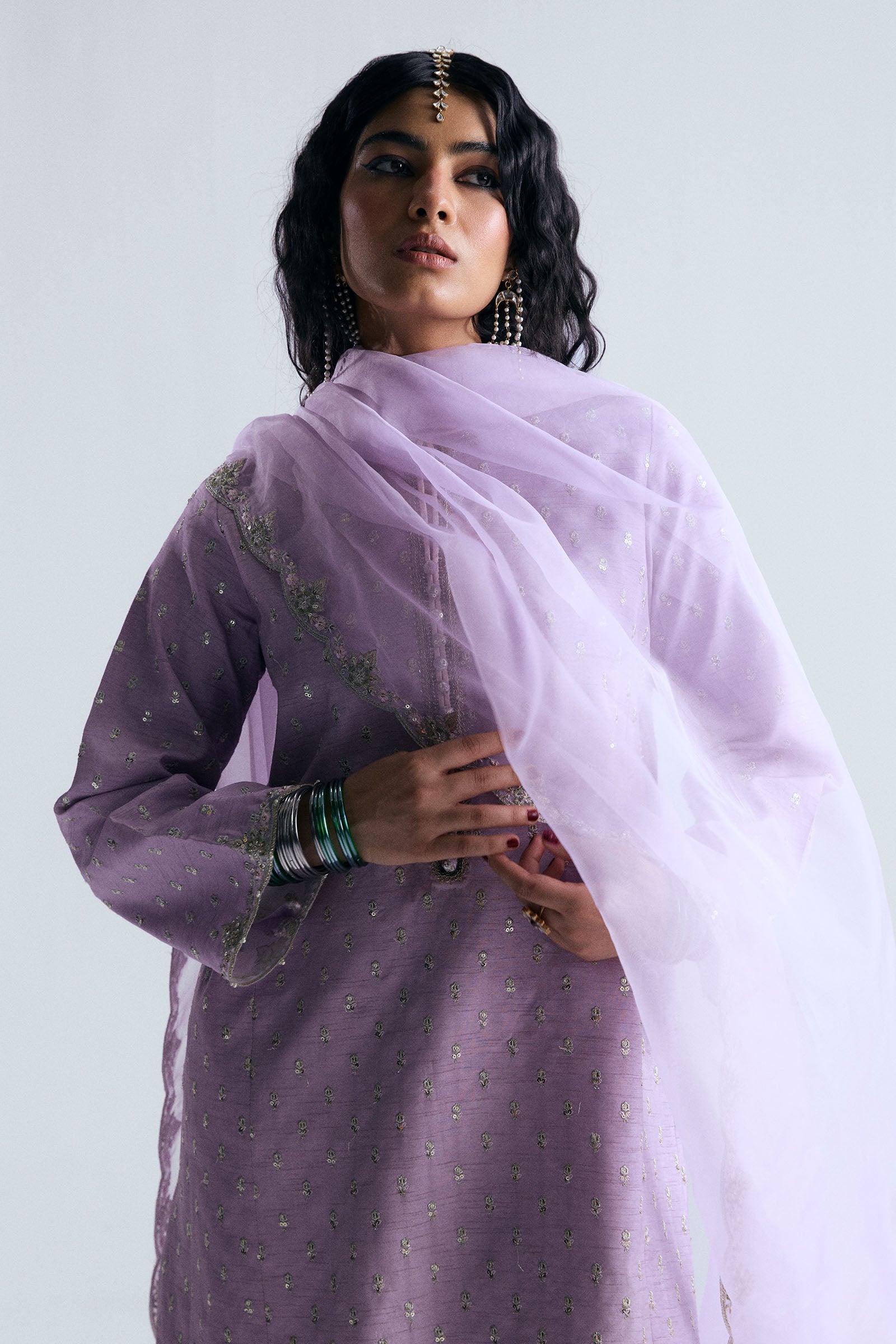 Pakistani Soft Lavender Adda Work Korean Raw Silk Salwar Kameez (3-Piece) - Image 6