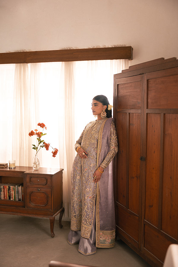 Lavender Embroidered Zari Net Salwar Kameez (3-Piece) - Image 5