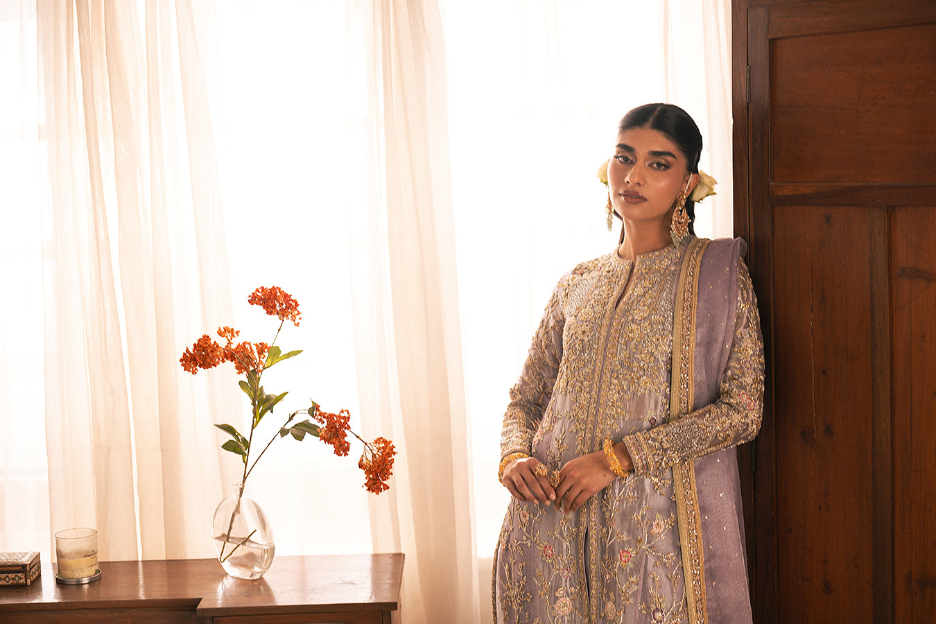 Lavender Embroidered Zari Net Salwar Kameez (3-Piece) - Image 6