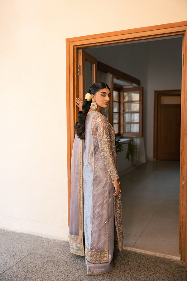 Lavender Embroidered Zari Net Salwar Kameez (3-Piece) - Image 9