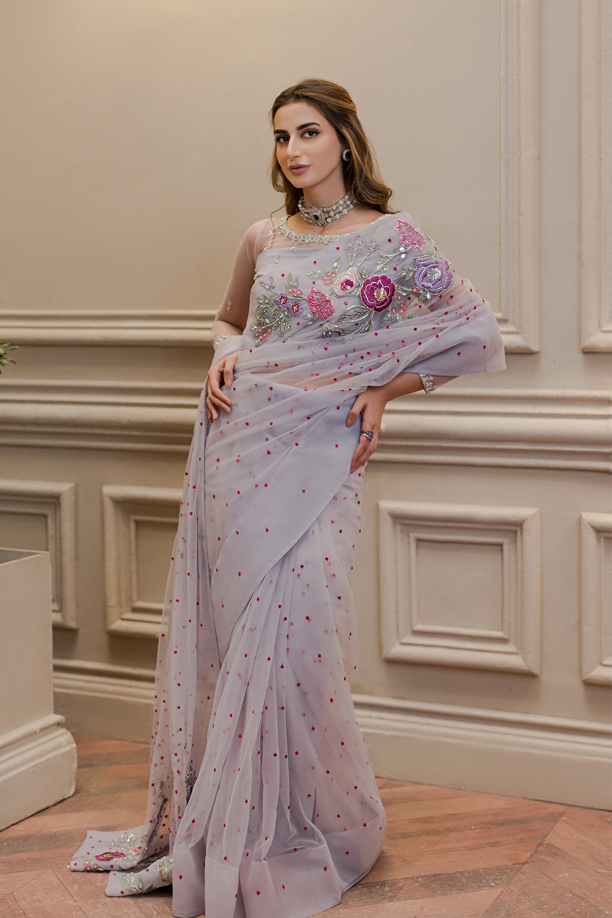 Pakistani Soft Lilac Embroidered Net Saree (3-Piece) - Image 1