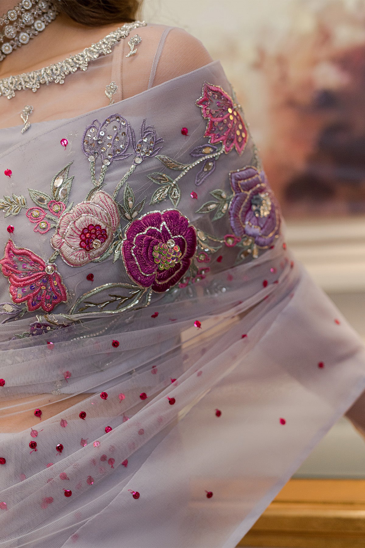 Pakistani Soft Lilac Embroidered Net Saree (3-Piece) - Image 2