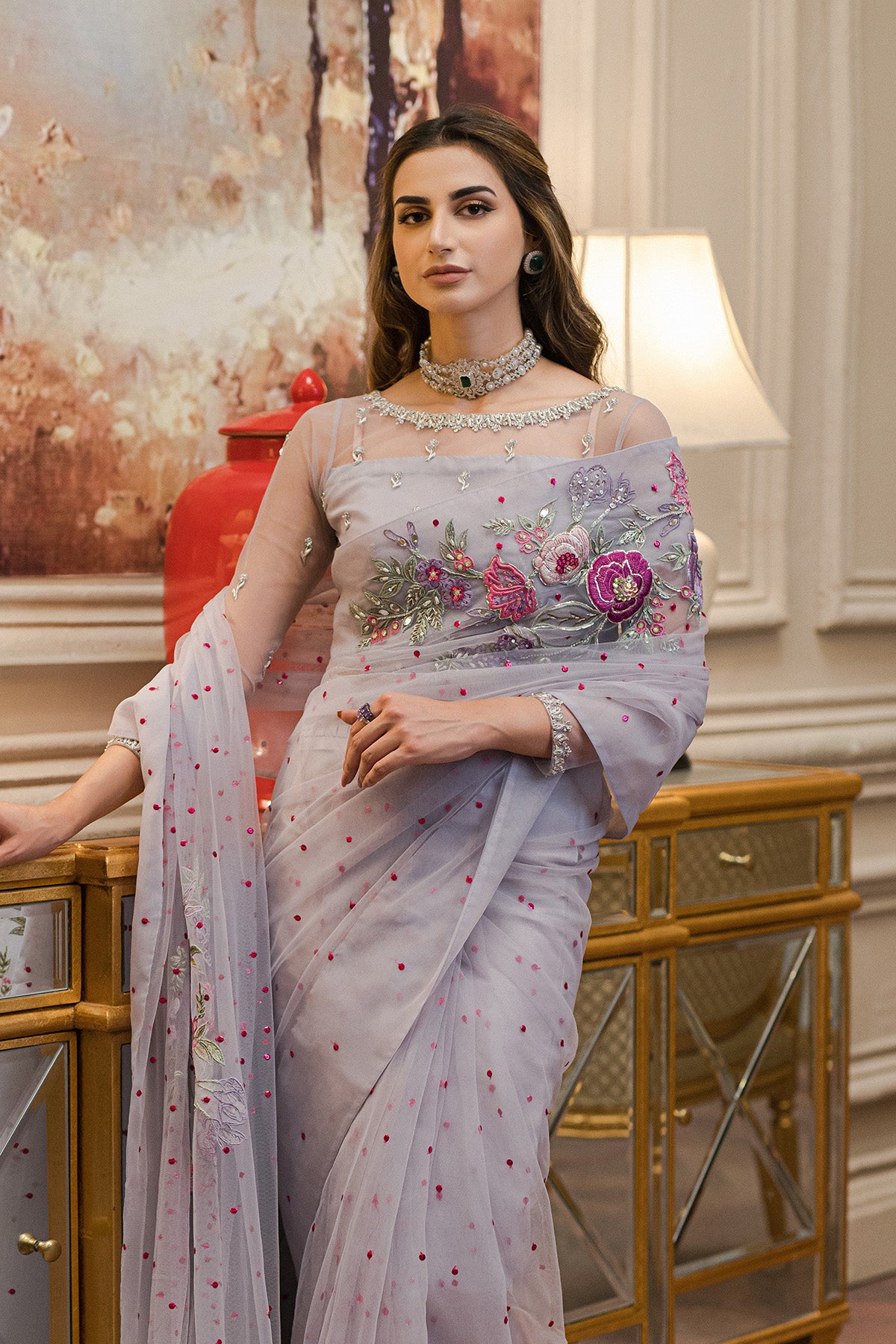Pakistani Soft Lilac Embroidered Net Saree (3-Piece) - Image 4