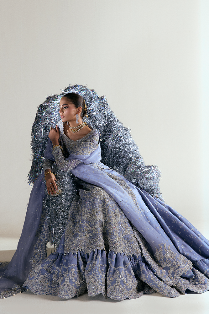 Pakistani Lavender Embroidered Organza Bridal Shirt and Lehenga (3-Piece) - Image 3