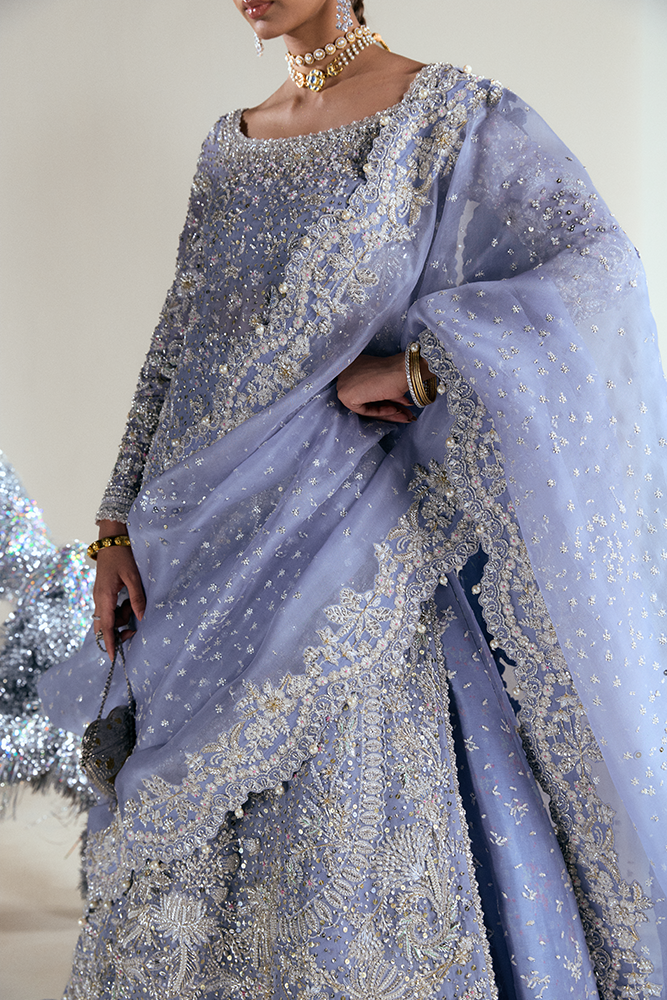 Pakistani Lavender Embroidered Organza Bridal Shirt and Lehenga (3-Piece) - Image 5