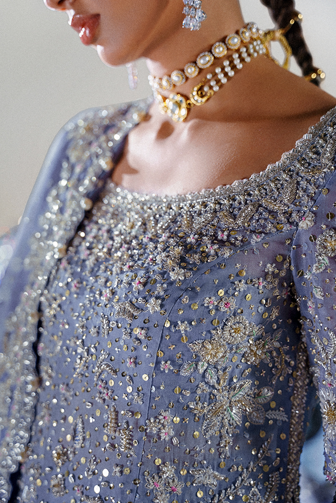 Pakistani Lavender Embroidered Organza Bridal Shirt and Lehenga (3-Piece) - Image 6