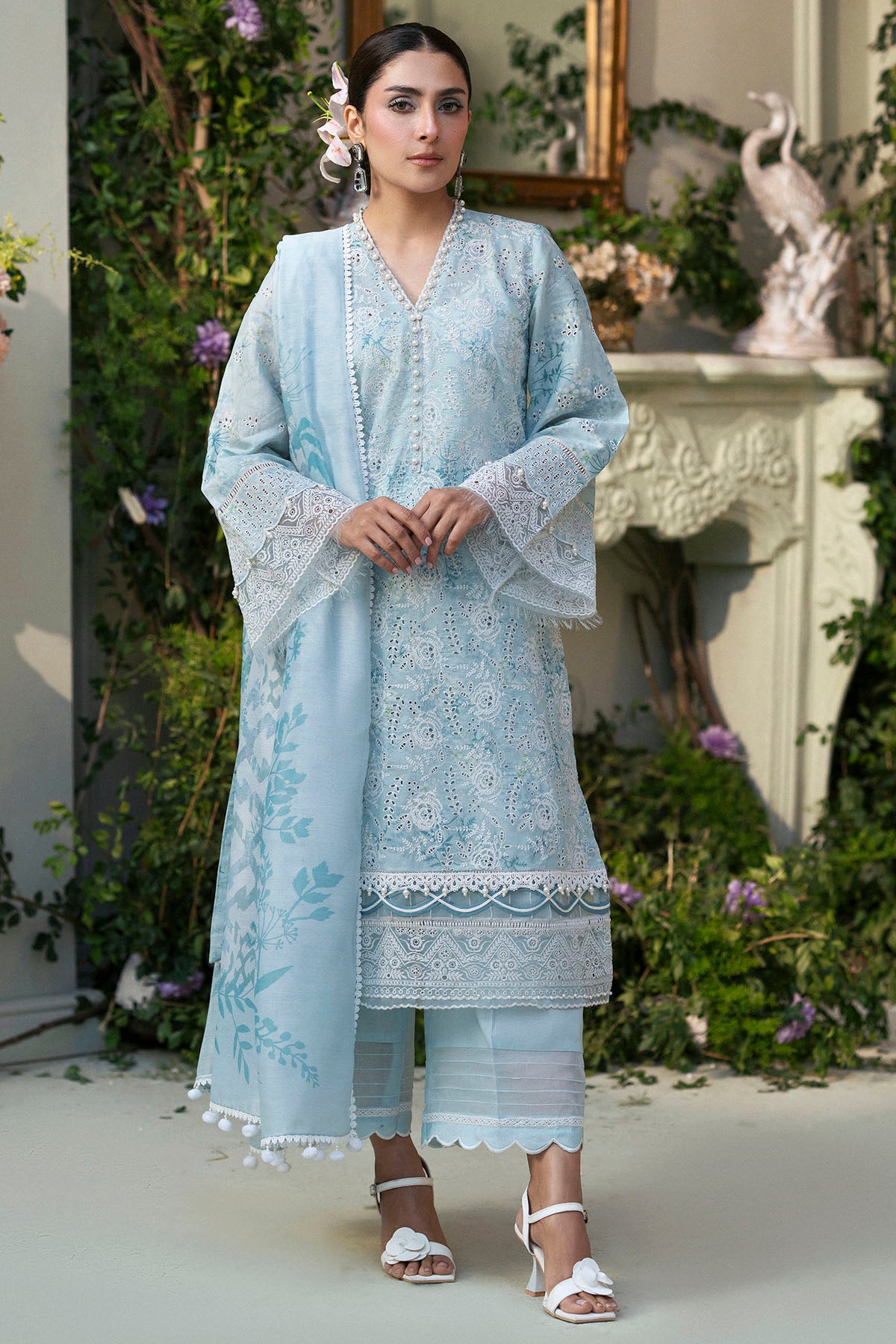 Pakistani Lavender Schiffli Embroidered Lawn 3-Piece Suit - Image 1