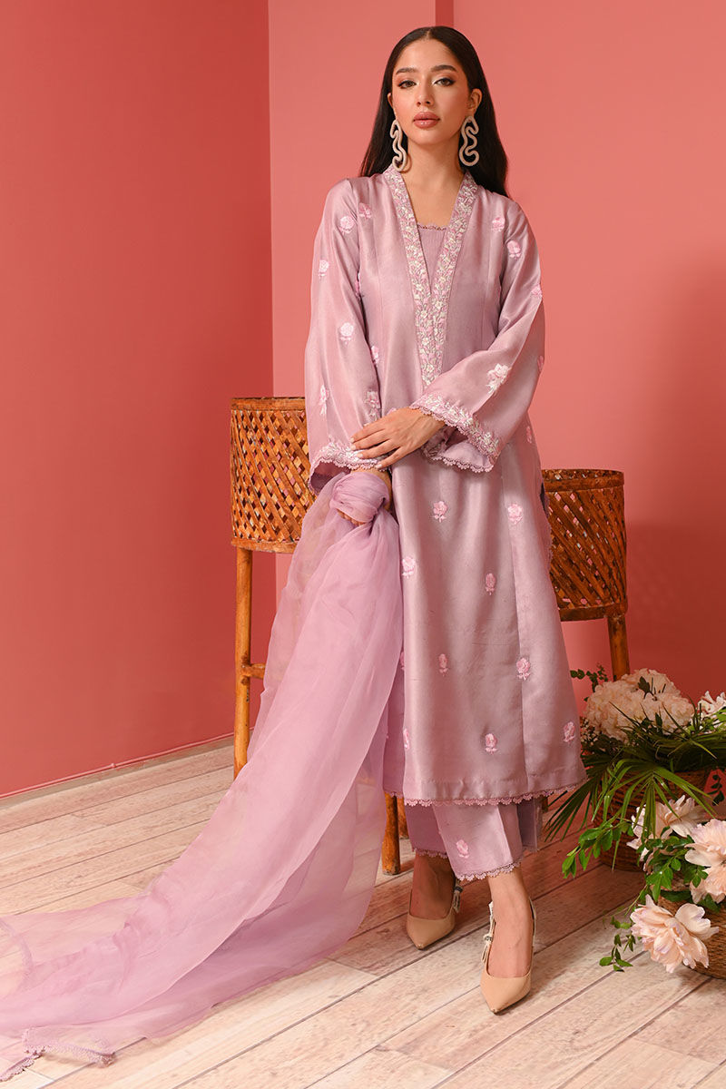 Lavender Fog Floral Ari Embroidered Raw Silk Kurta (3-Piece) - Image 1