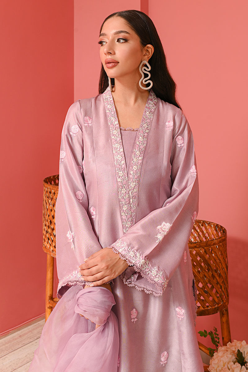 Lavender Fog Floral Ari Embroidered Raw Silk Kurta (3-Piece) - Image 2