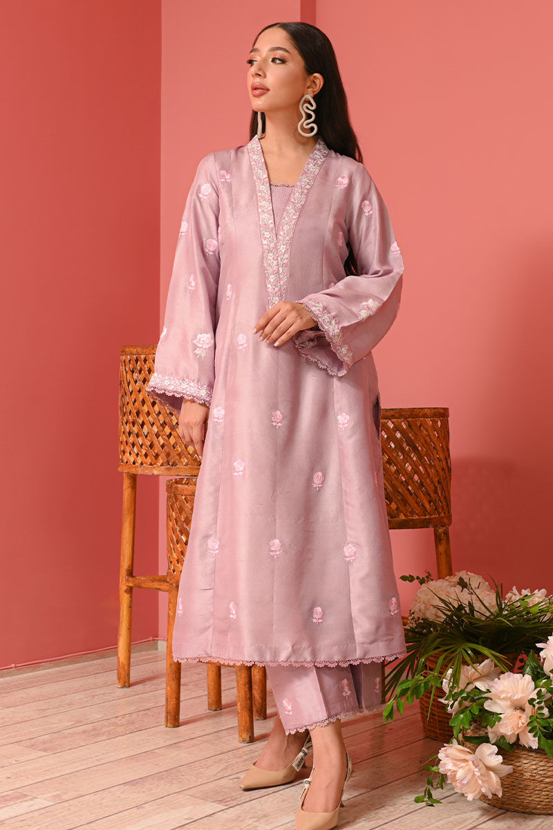 Lavender Fog Floral Ari Embroidered Raw Silk Kurta (3-Piece) - Image 5