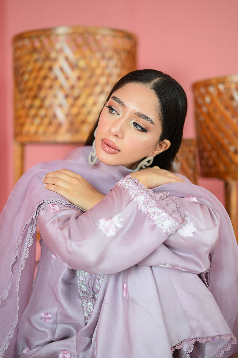 Lavender Fog Floral Ari Embroidered Raw Silk Kurta (3-Piece) - Image 6