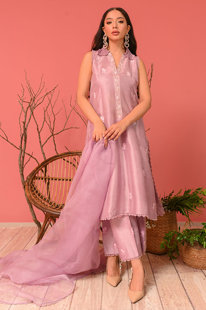 Pakistani Lavender Fog Embroidered Raw Silk Kurta Set (3-Piece) - Image 1
