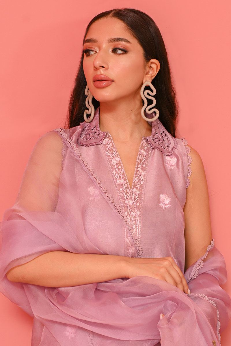 Pakistani Lavender Fog Embroidered Raw Silk Kurta Set (3-Piece) - Image 2