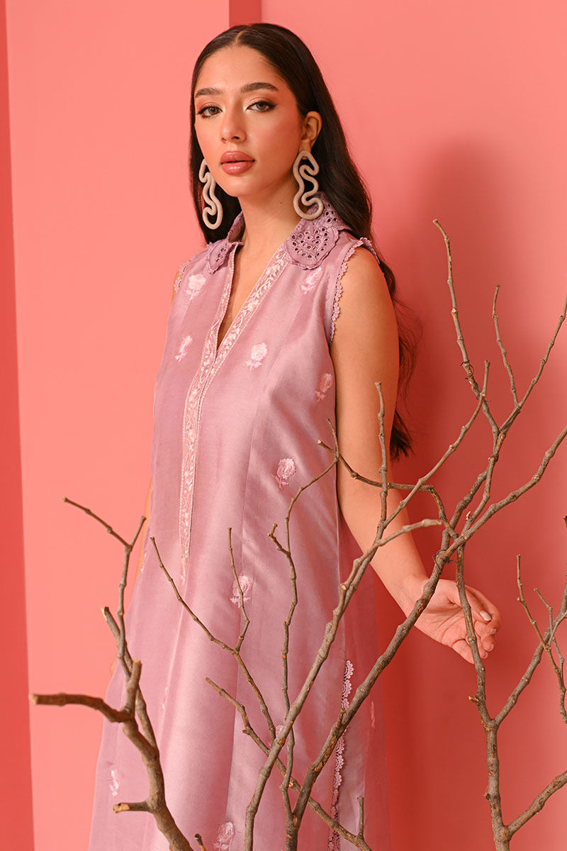 Pakistani Lavender Fog Embroidered Raw Silk Kurta Set (3-Piece) - Image 6
