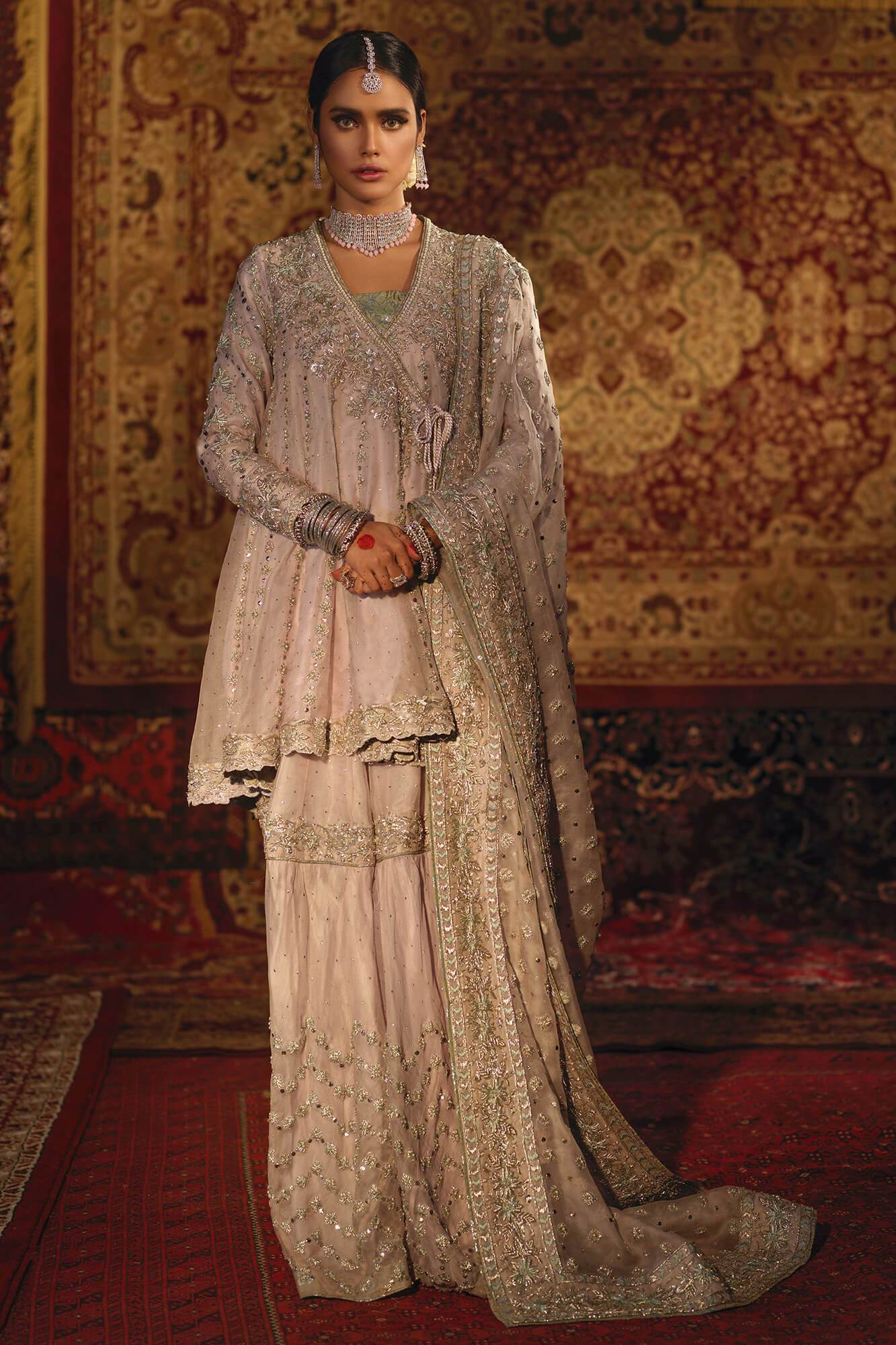 Dusty Lilac Zardozi Net Angrakha Gharara (3-Piece) - Image 2