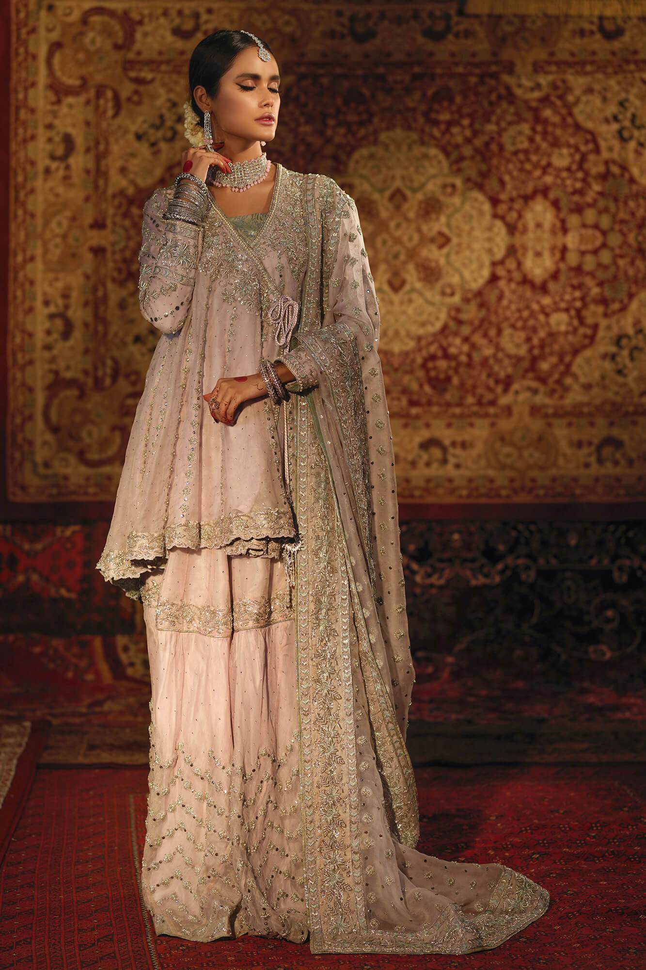 Dusty Lilac Zardozi Net Angrakha Gharara (3-Piece) - Image 5