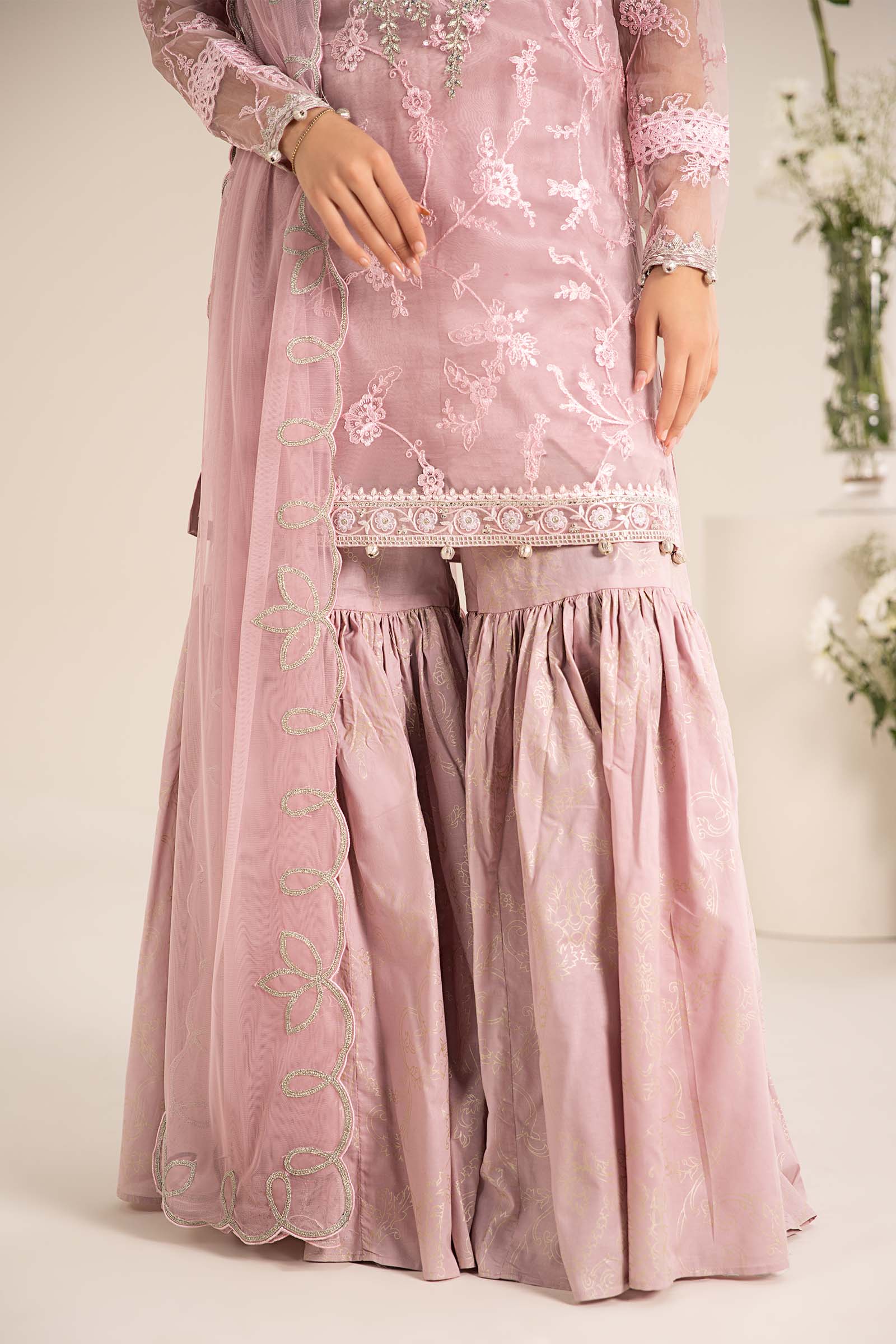 Lilac Embroidered Organza Cotton Silk Gharara (3-Piece) - Image 11