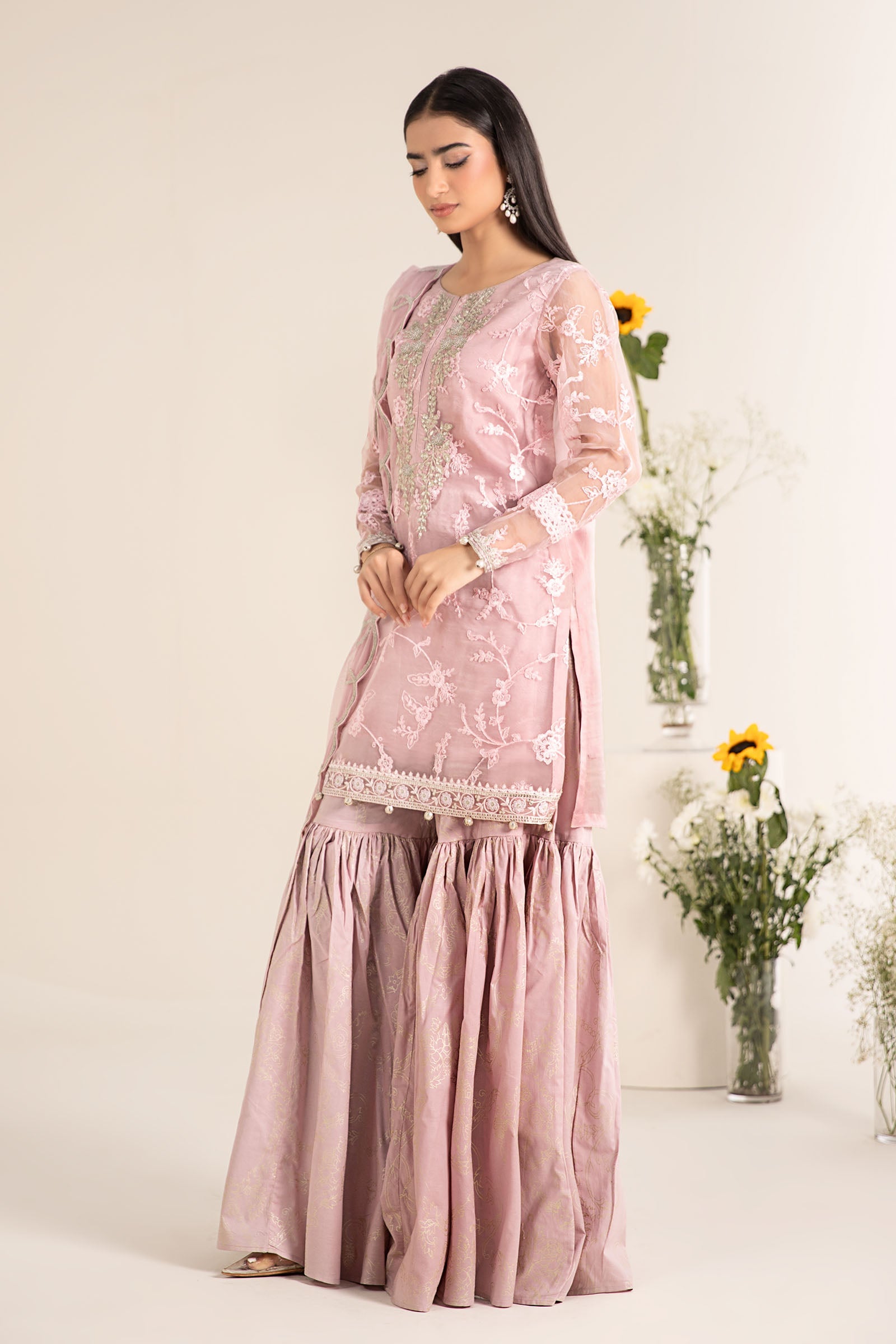Lilac Embroidered Organza Cotton Silk Gharara (3-Piece) - Image 12