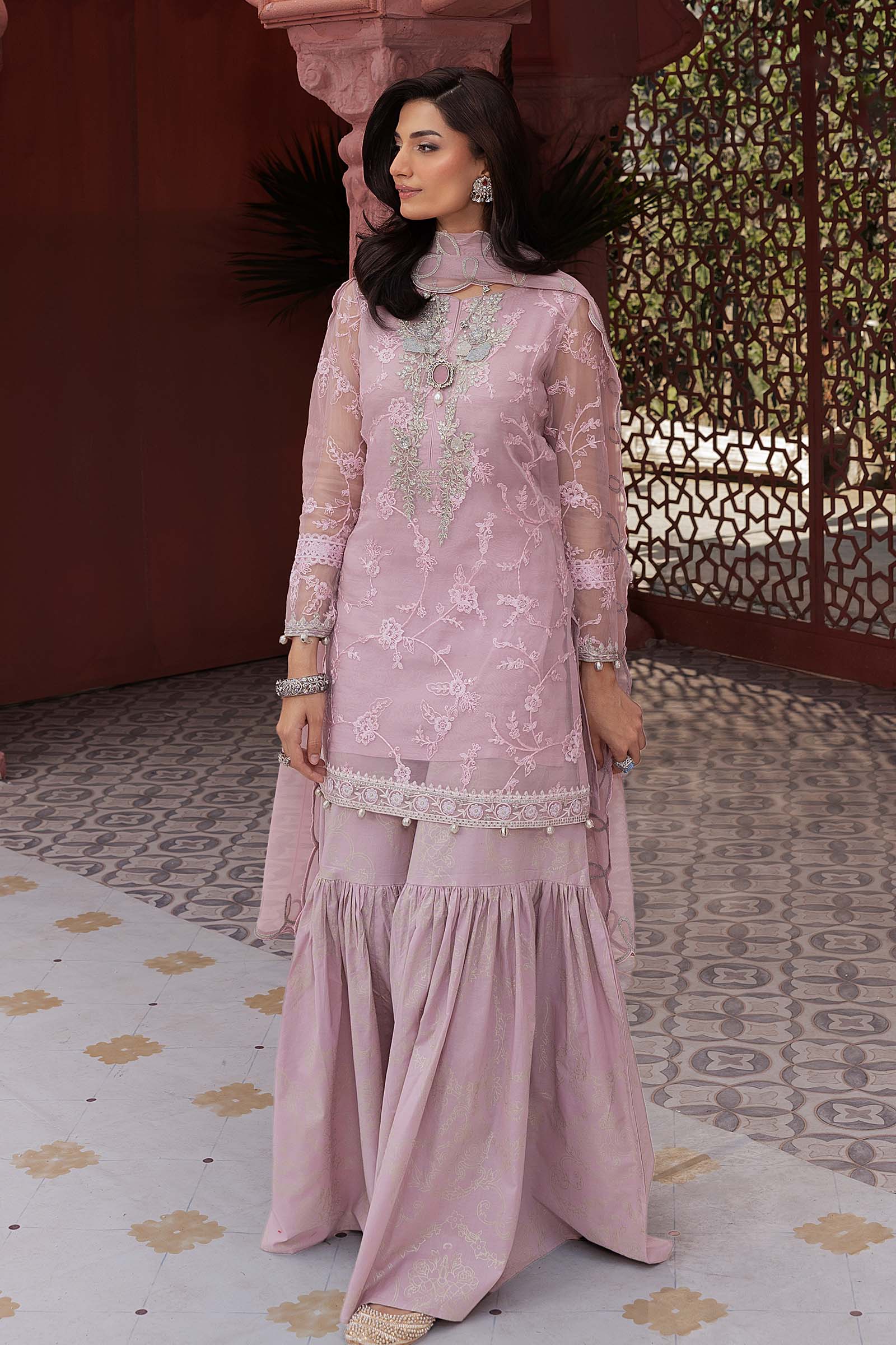 Lilac Embroidered Organza Cotton Silk Gharara (3-Piece) - Image 4