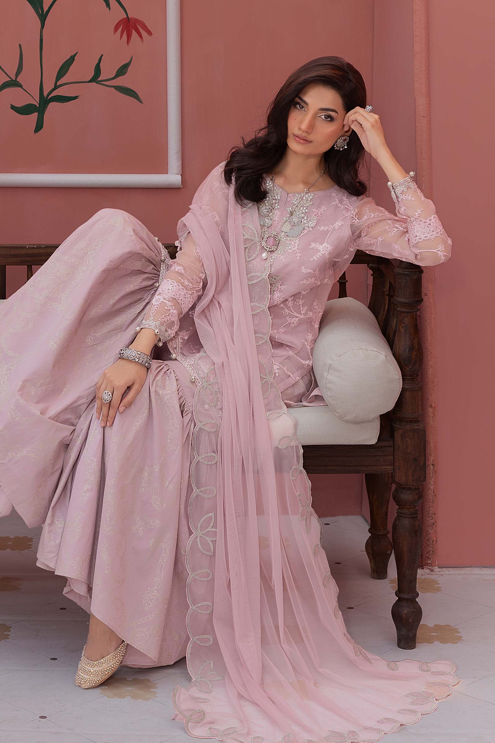 Lilac Embroidered Organza Cotton Silk Gharara (3-Piece) - Image 6