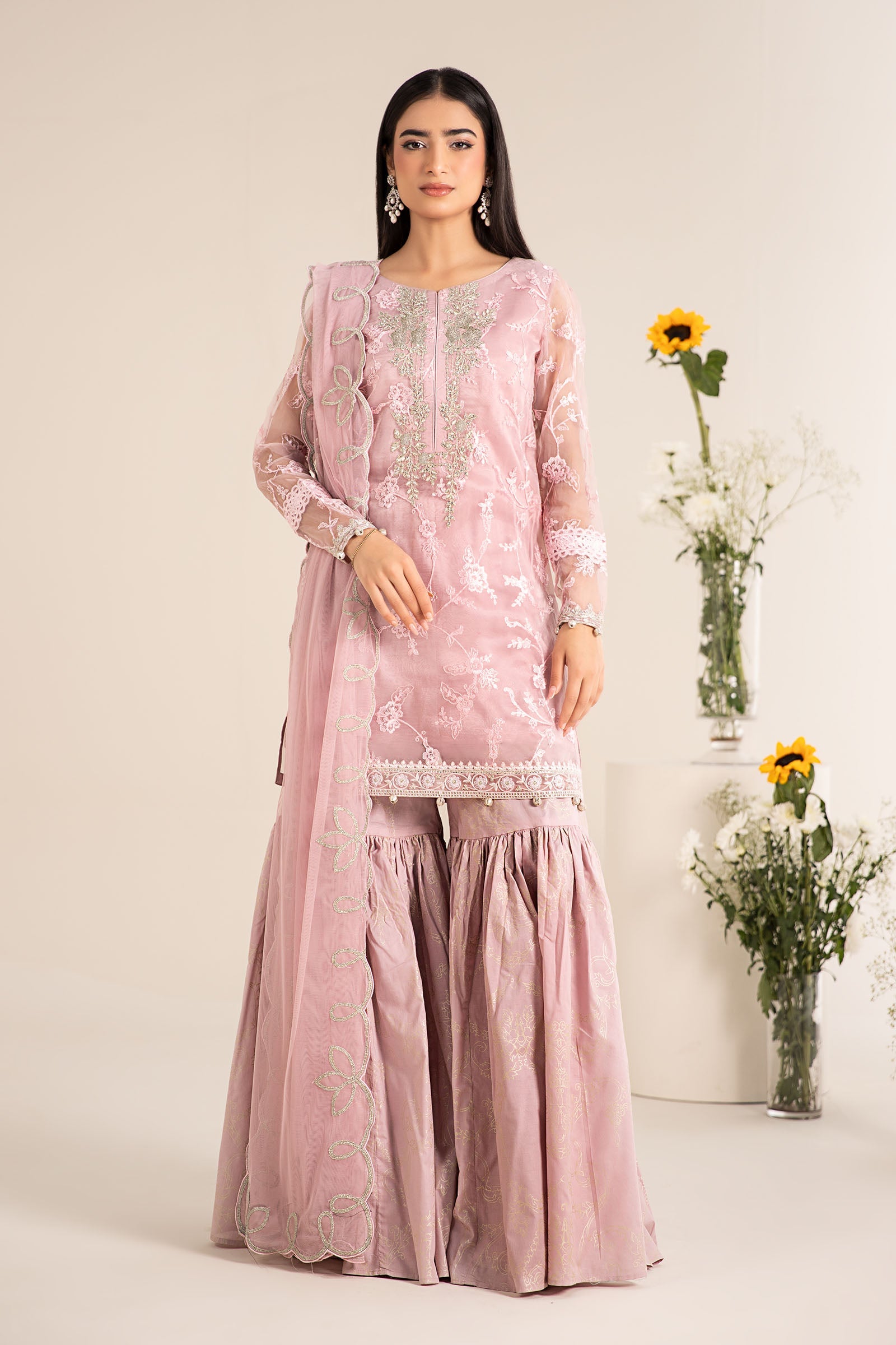 Lilac Embroidered Organza Cotton Silk Gharara (3-Piece) - Image 7