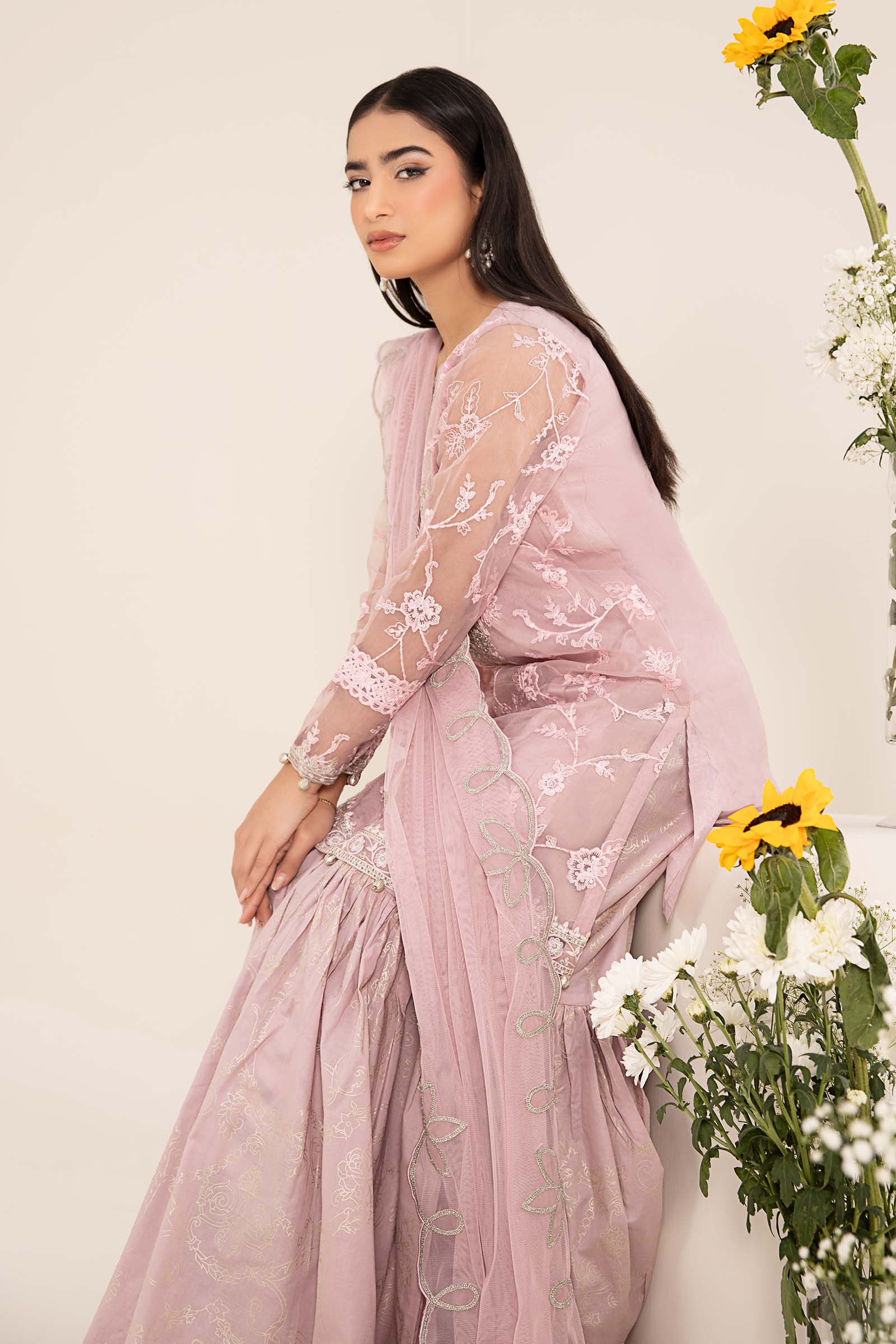 Lilac Embroidered Organza Cotton Silk Gharara (3-Piece) - Image 9