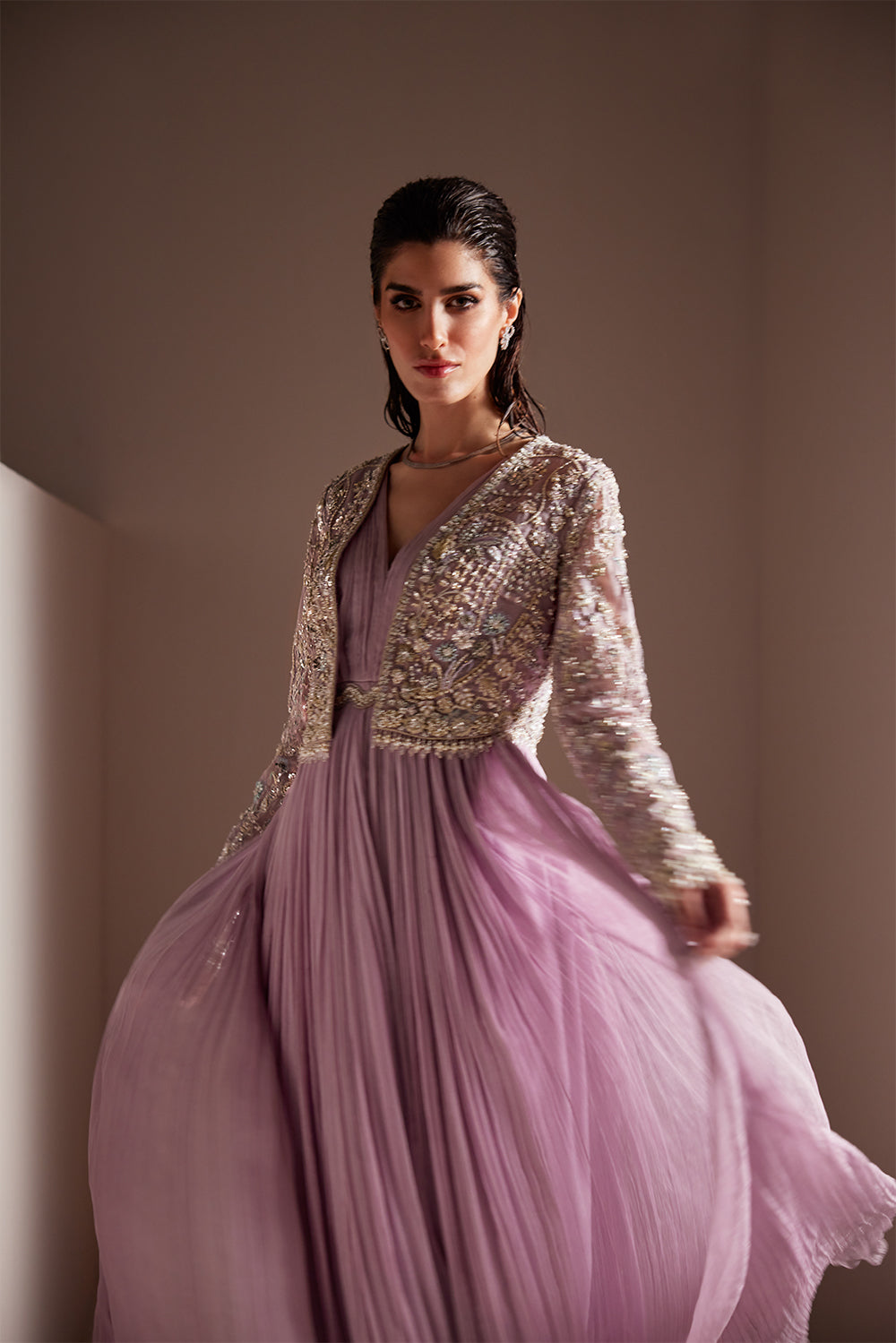 Indian Orchid Lilac Embellished Organza Jacket with Crushed Gown (2-Piece) - Image 1