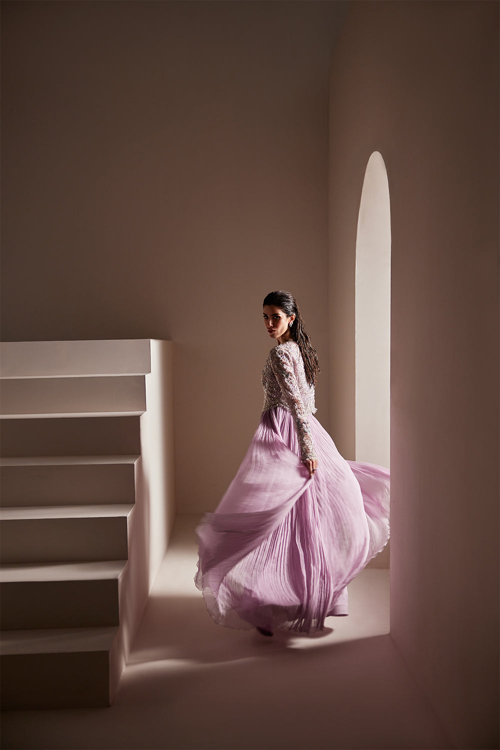 Indian Orchid Lilac Embellished Organza Jacket with Crushed Gown (2-Piece) - Image 5