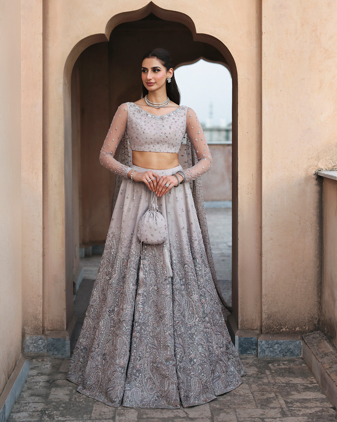 Pakistani Dusty Lilac Embellished Net Lehenga Set (3-Piece) - Image 1