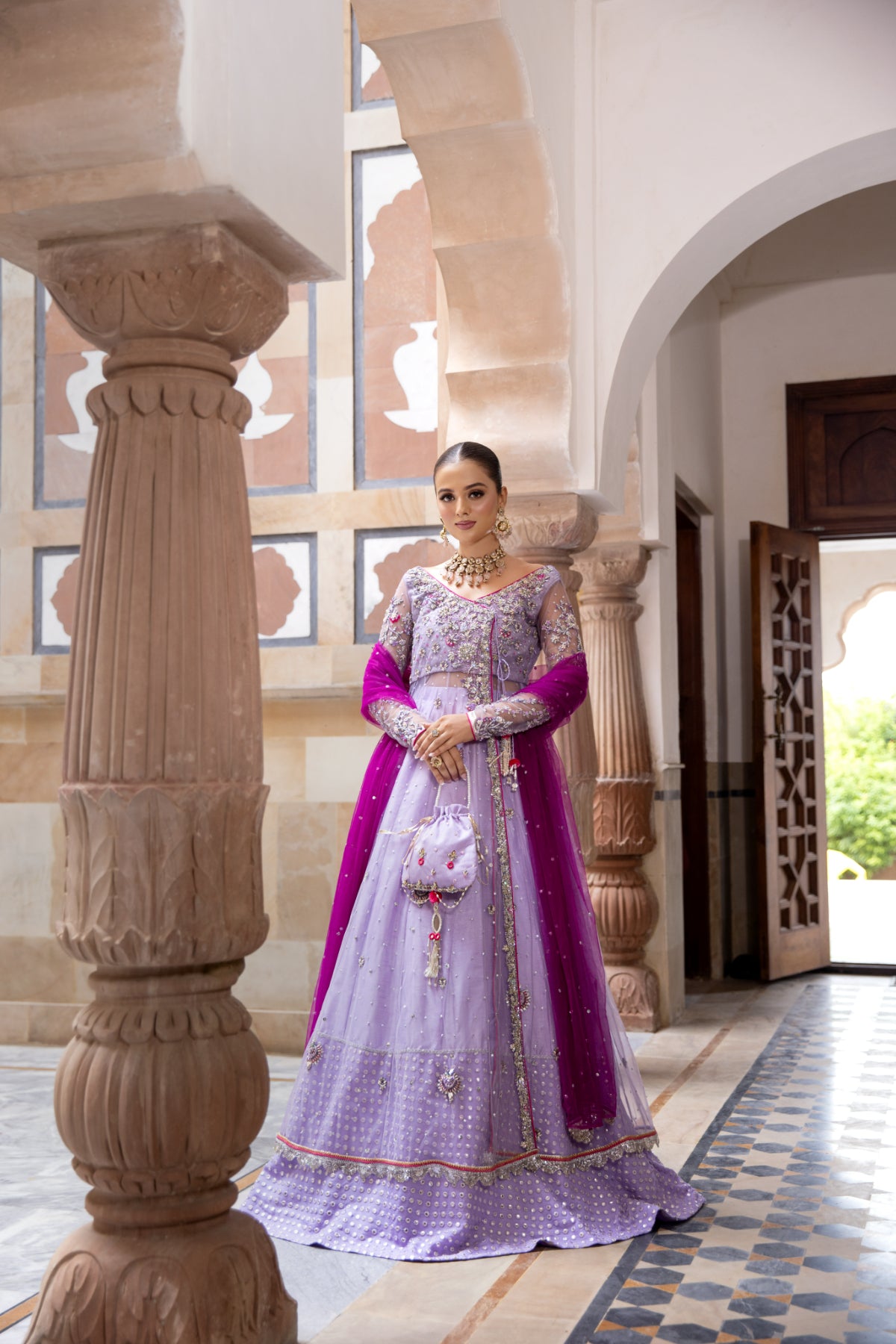 Lilac Hand Embellished Net Angrakha Lehenga (3-Piece) - Image 1