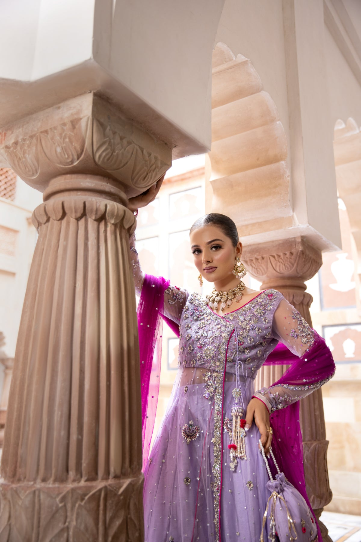 Lilac Hand Embellished Net Angrakha Lehenga (3-Piece) - Image 2