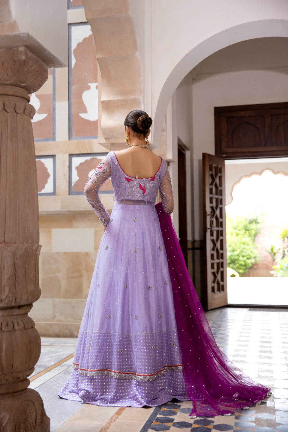 Lilac Hand Embellished Net Angrakha Lehenga (3-Piece) - Image 3