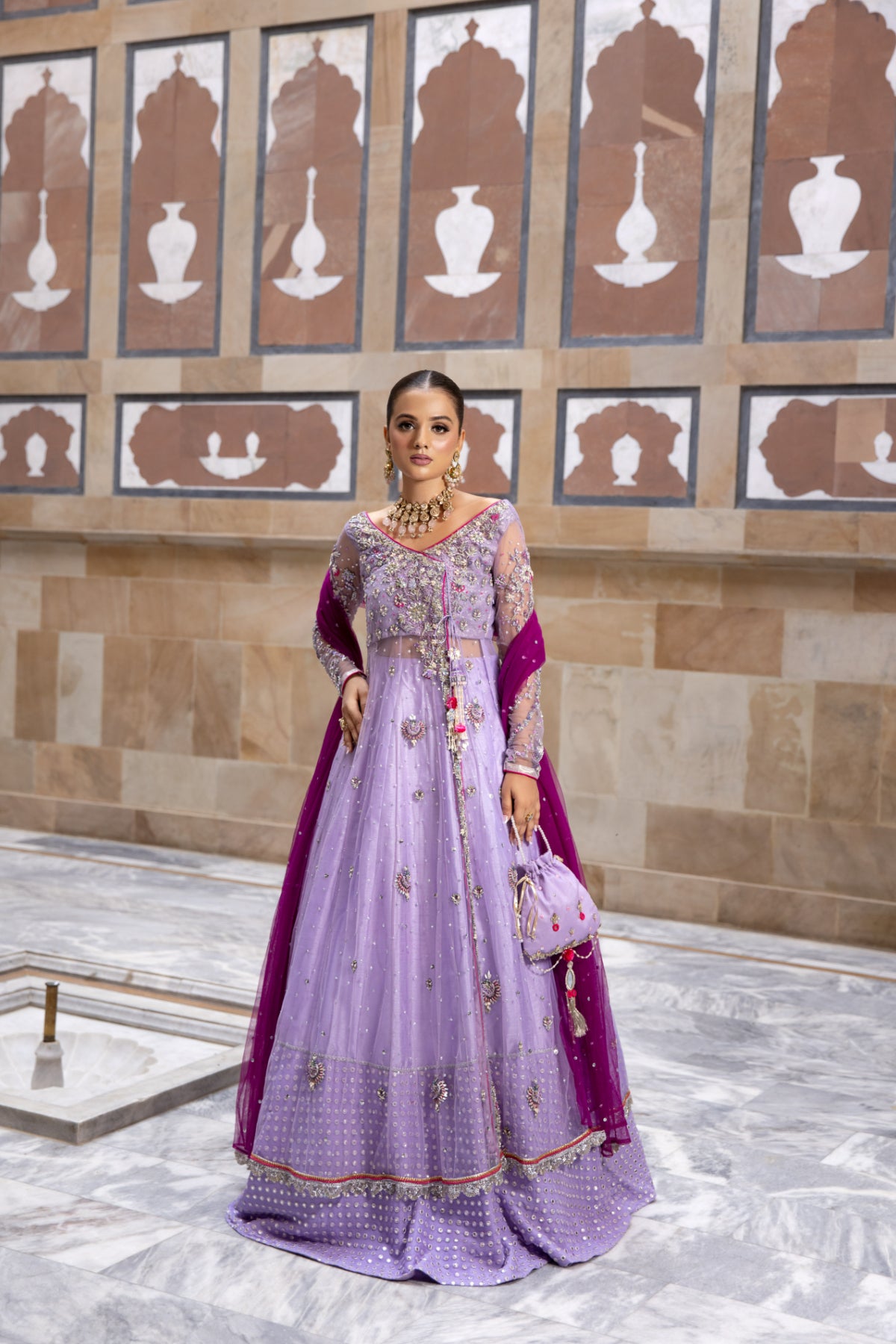 Lilac Hand Embellished Net Angrakha Lehenga (3-Piece) - Image 4