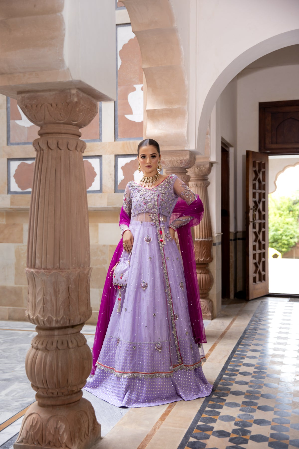 Lilac Hand Embellished Net Angrakha Lehenga (3-Piece) - Image 5