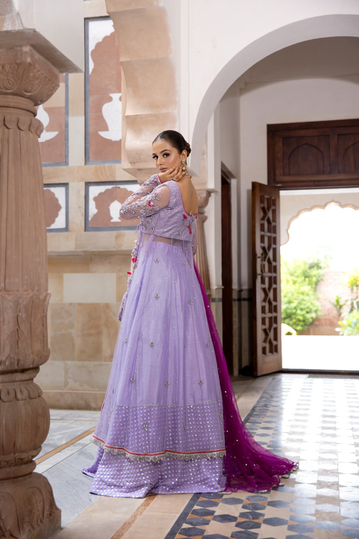 Lilac Hand Embellished Net Angrakha Lehenga (3-Piece) - Image 6