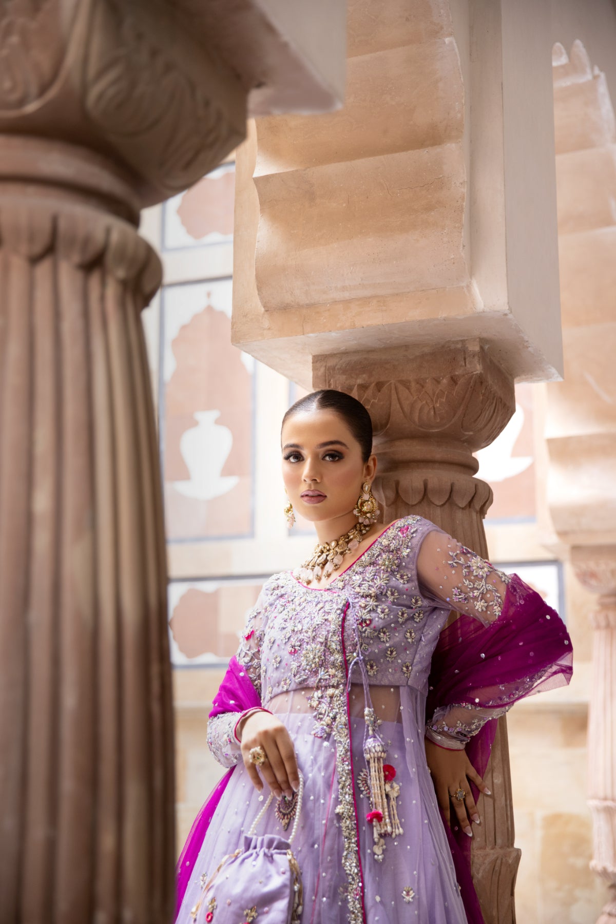 Lilac Hand Embellished Net Angrakha Lehenga (3-Piece) - Image 8