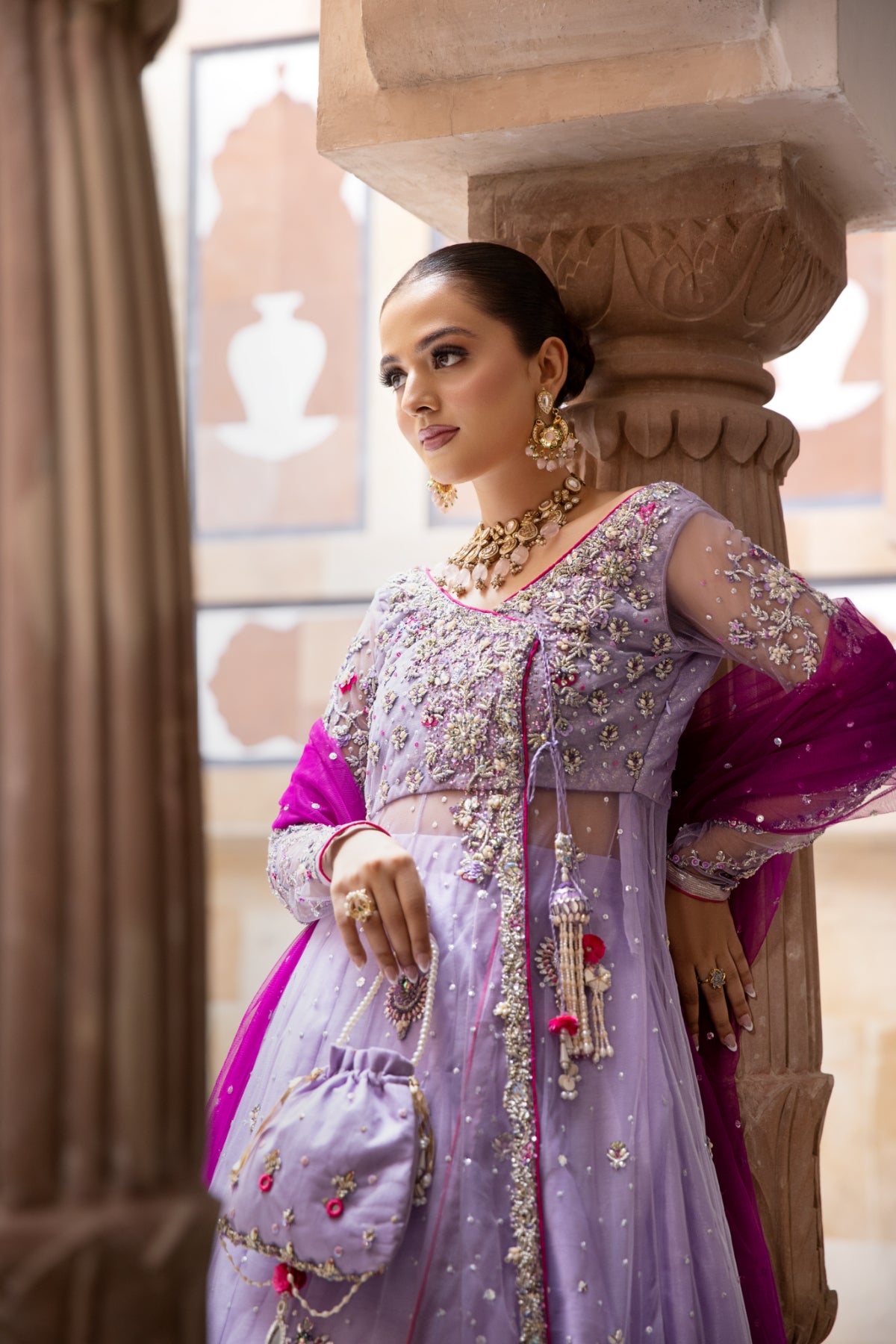 Lilac Hand Embellished Net Angrakha Lehenga (3-Piece) - Image 9