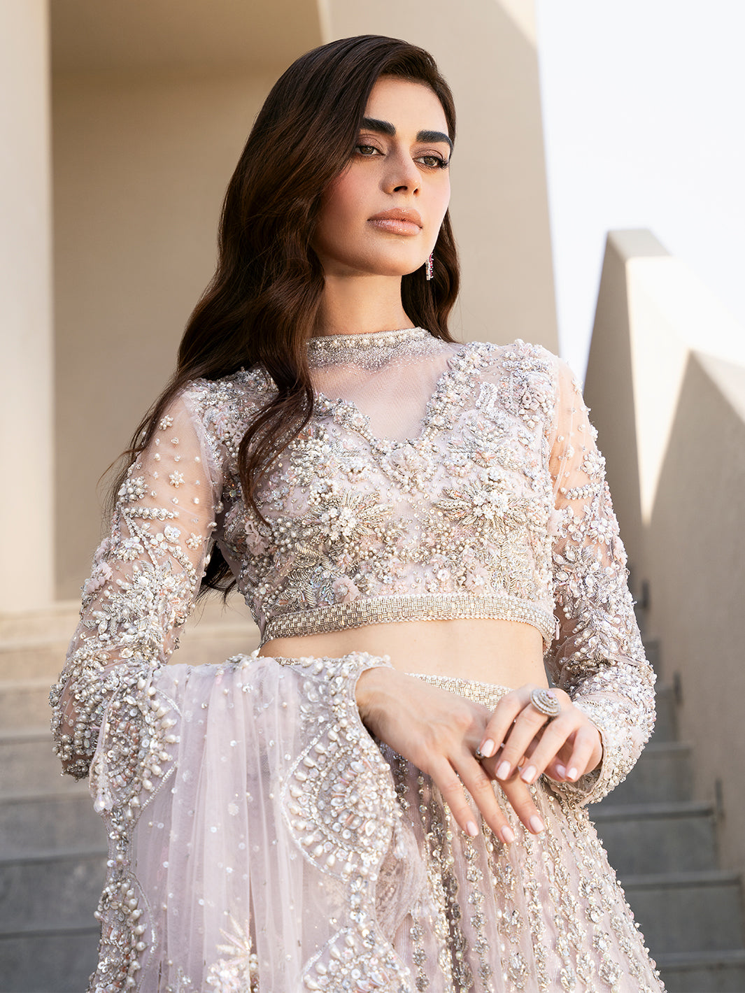 Pakistani Pale Lilac Embellished Tulle Lehenga (3-Piece) - Image 10