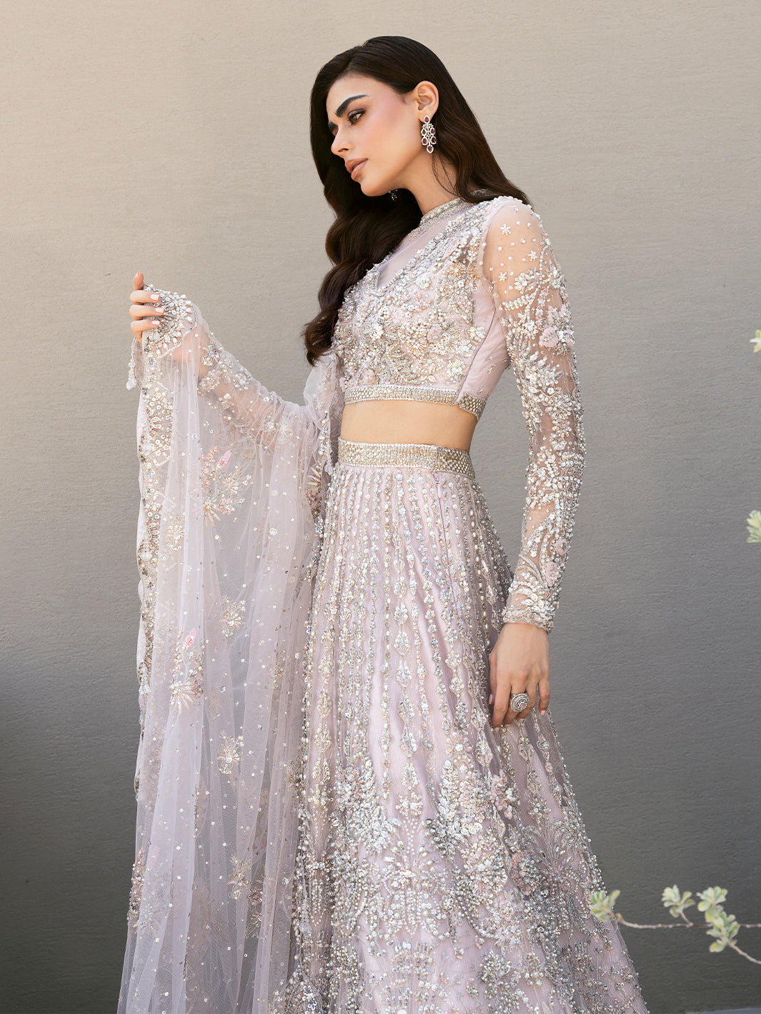 Pakistani Pale Lilac Embellished Tulle Lehenga (3-Piece) - Image 11