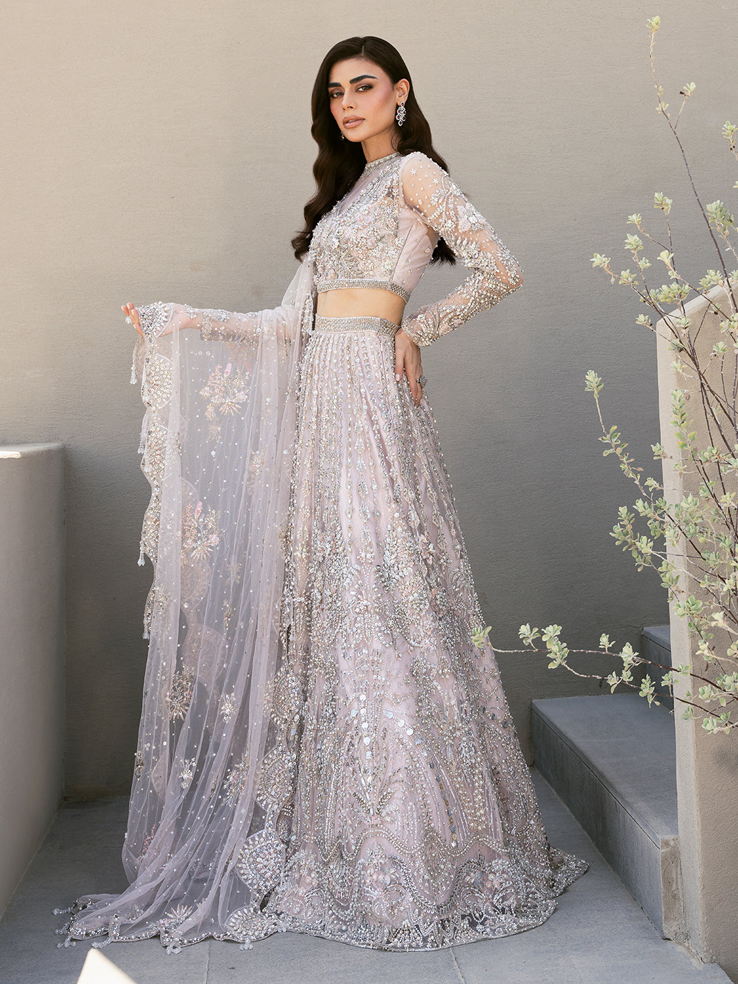 Pakistani Pale Lilac Embellished Tulle Lehenga (3-Piece) - Image 12