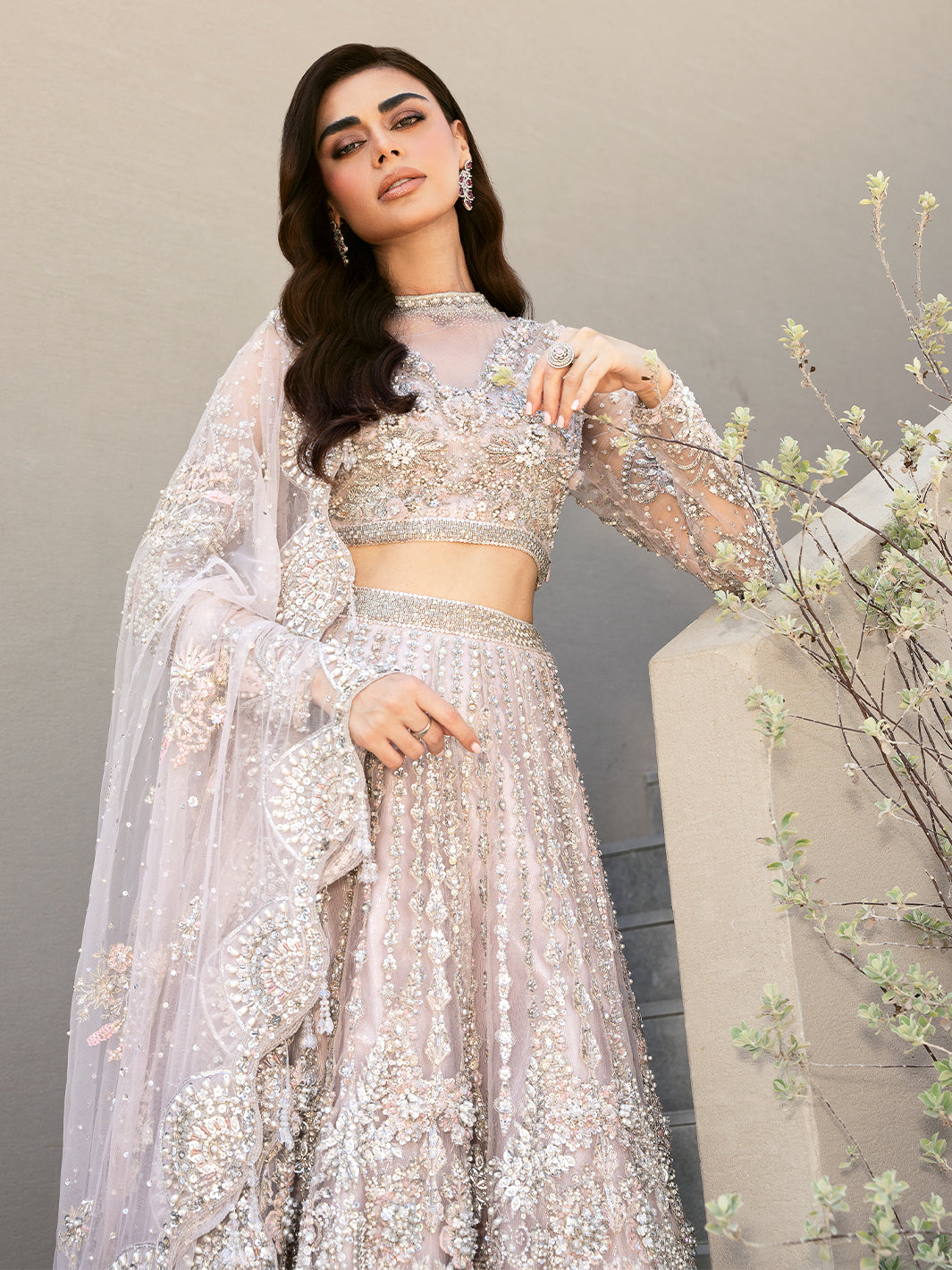 Pakistani Pale Lilac Embellished Tulle Lehenga (3-Piece) - Image 2